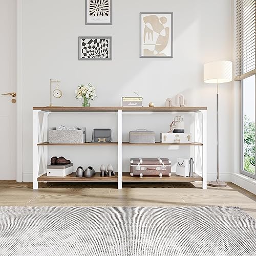 Miniatura 57 de IBF Mesa de entrada de granja, mesa consola larga rústica detrás del sofá, moderna mesa de sofá de madera de metal con estantes de almacenamiento,