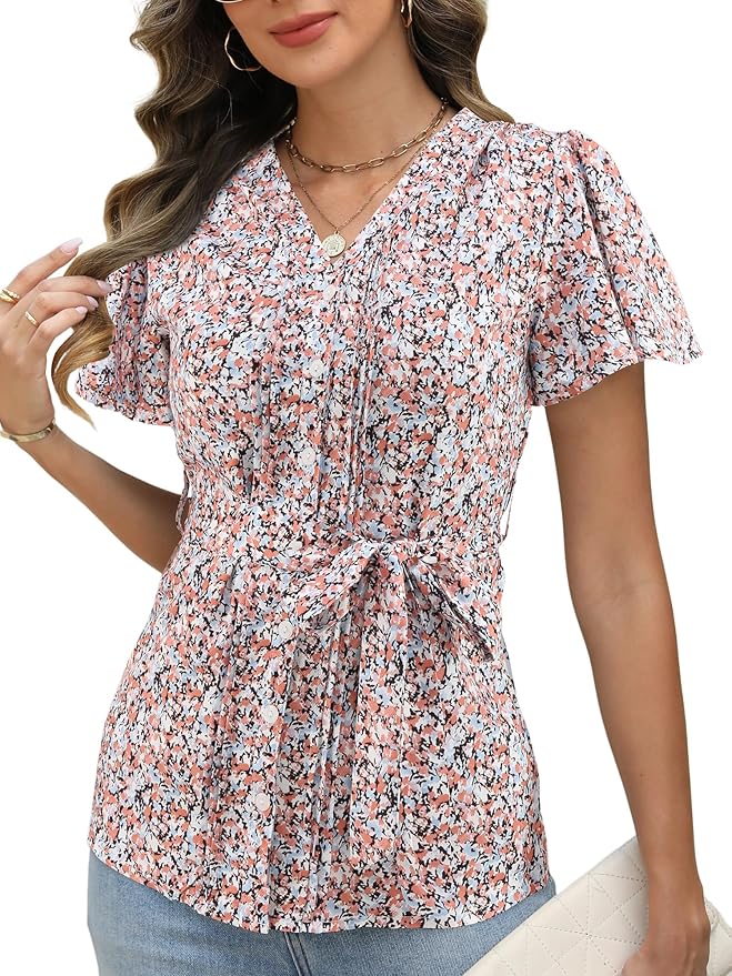 Women's Floral V-Neck Blouse, Short Flutter Sleeves Button Down Summer Casual Top with Waist Tie