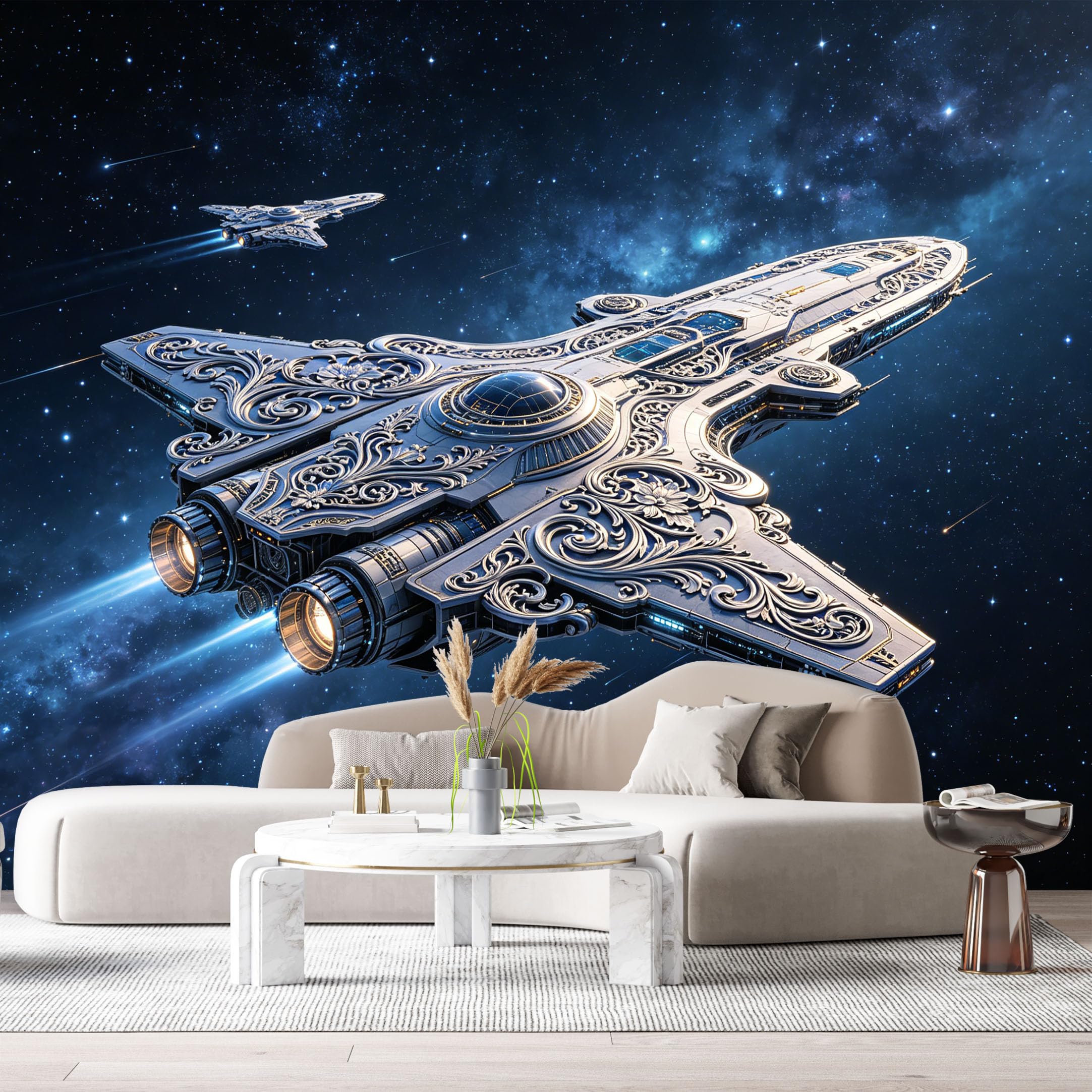 Custom Size Wall Mural Futuristic Spaceship Ornate Metal Texture SciFi Starship Cosmic Voyage SelfAdhesive Art Prints Removable Large Wallpaper Esports Room Game Room Tenant Room Studio