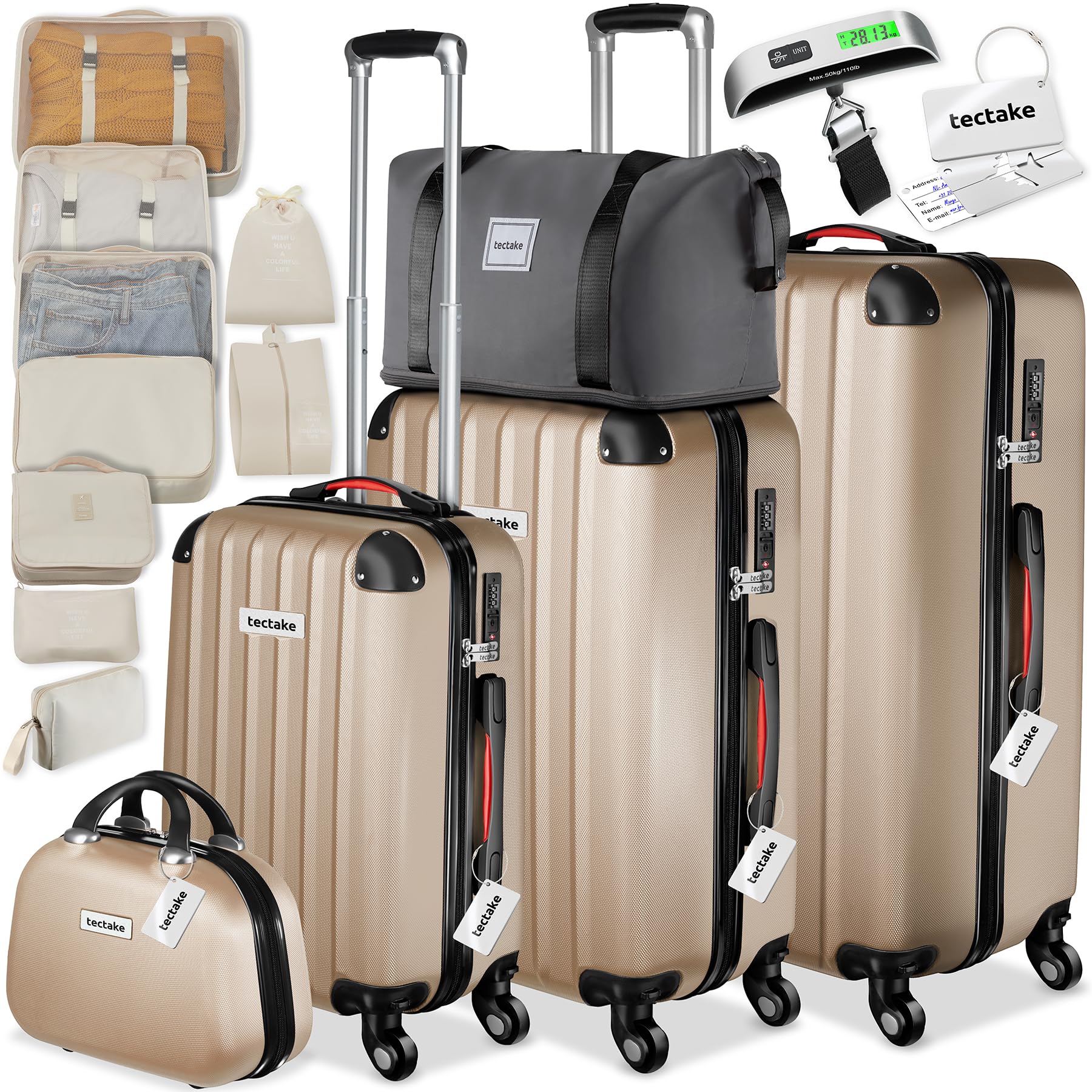 TecTake® Hartschalenkoffer-Set, 19-teilig, ABS-Hartschale, mit TSA-Schloss, 360° Rollen, Packwürfeln, Kofferwaage, Gepäckanhänger, Beautycase, Kulturbeutel, Teleskopgriff - Champagner