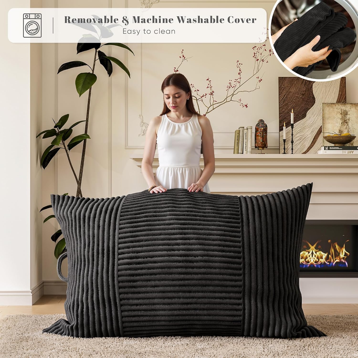 Homall 3 in 1 Giant Bean Bag Chair for Adults, Convertible Bean Bag Floor Couch Bed with Washable Cover, High-Density Foam Chair Bed for Living Room, Dorm Room, Office (Black)