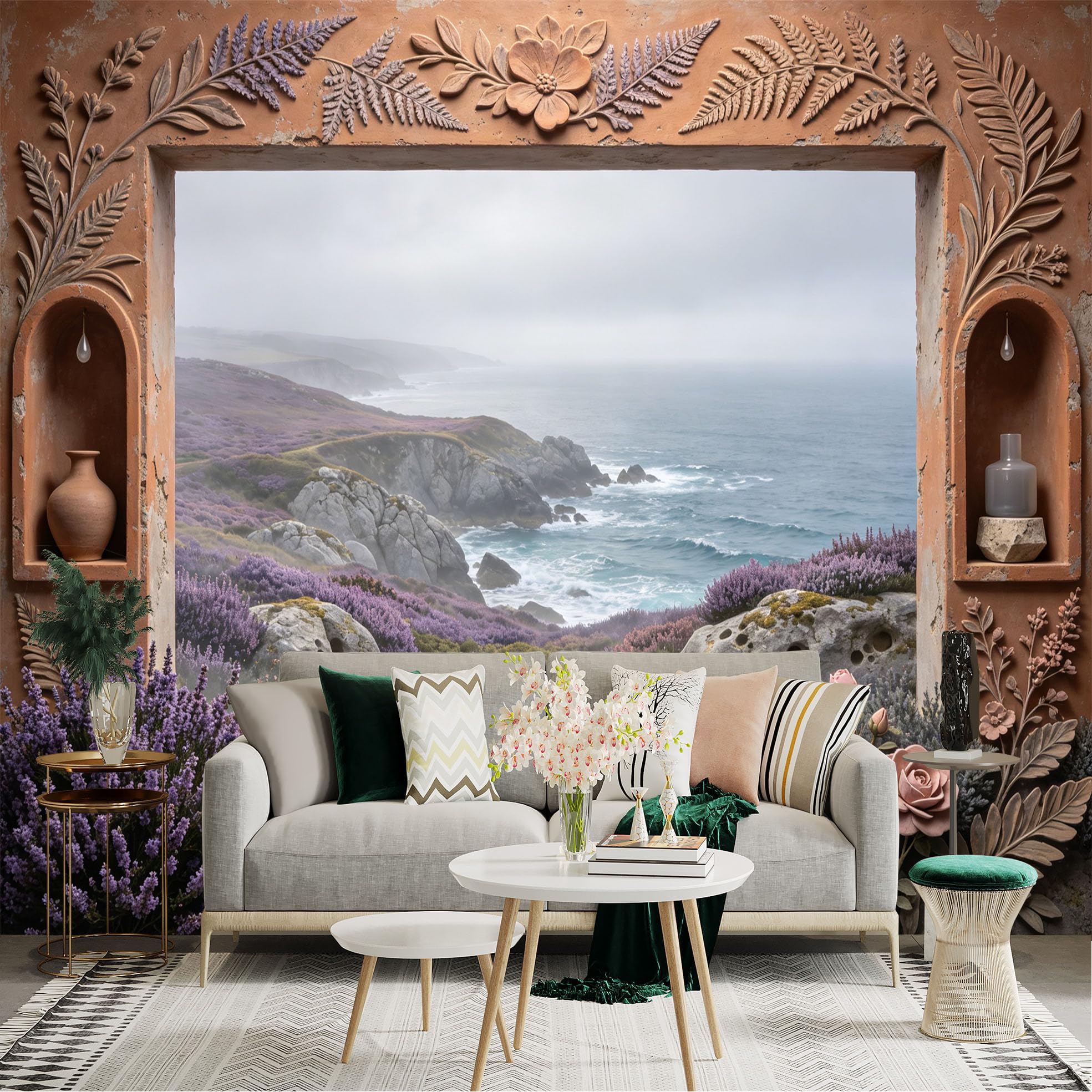 Lnzczhyre Bh260719159 Custom Size Wall Sticker Mural， Coastal Cliff View With Purple Heather And Roses， Sculpted Stone Frame Window， Scenic Ocean Landscape， For Wall Decoration， Peelandstick Wall Decals.