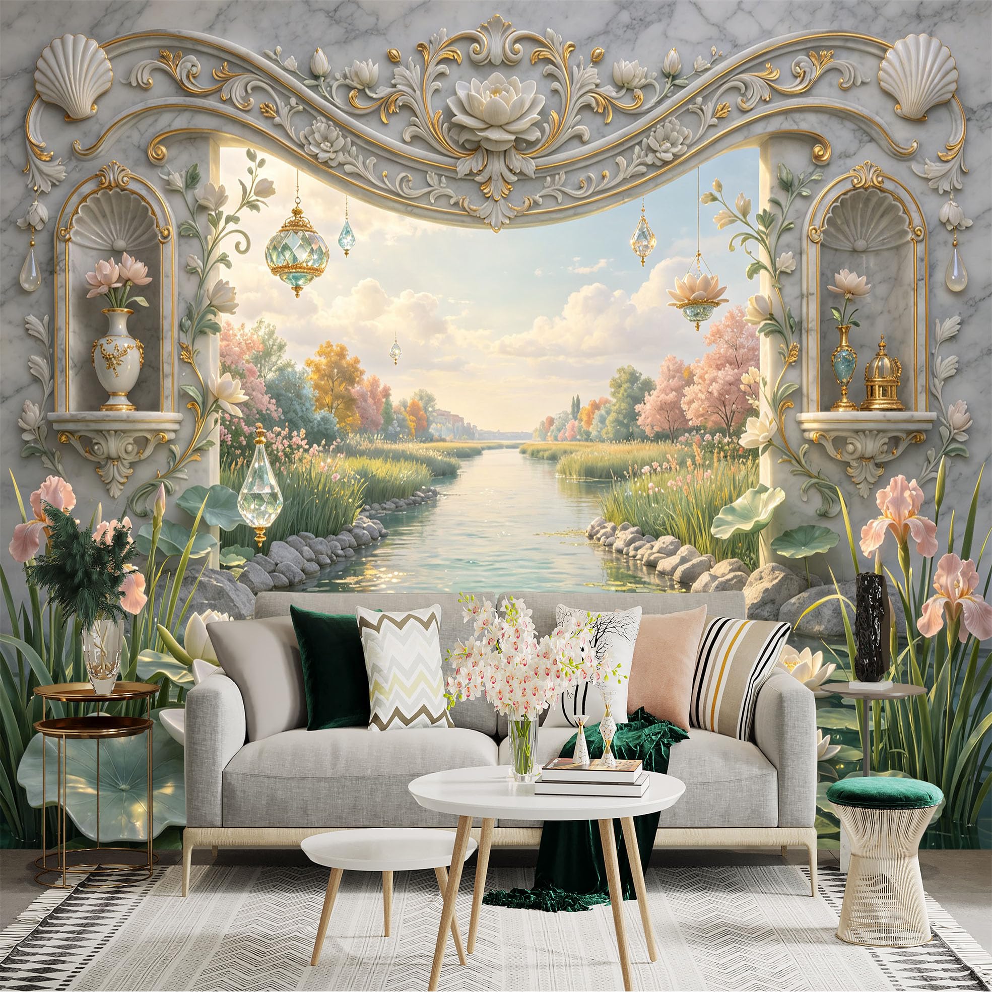 Lnzczhyre Bh260719012 Custom Size Wall Sticker Mural， Elegant Marble Archway， Blooming Lotus Pond， Serene River Scenery， Peaceful Nature Garden， For Wall Decoration， Peelandstick Wall Decals.
