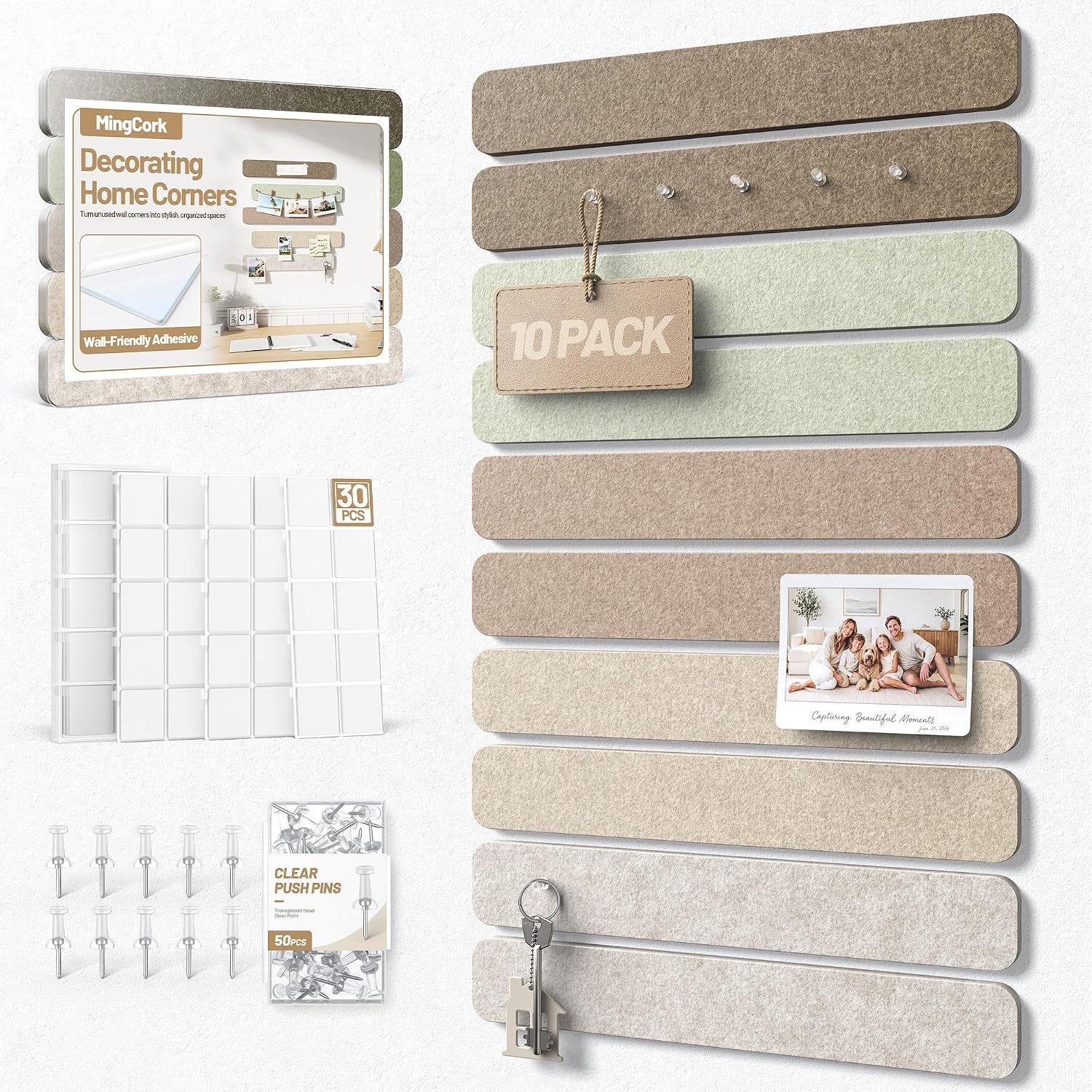 10 Pack 13"x2" Cork Board Strip with Removable Adhesive Squares & Push Pins