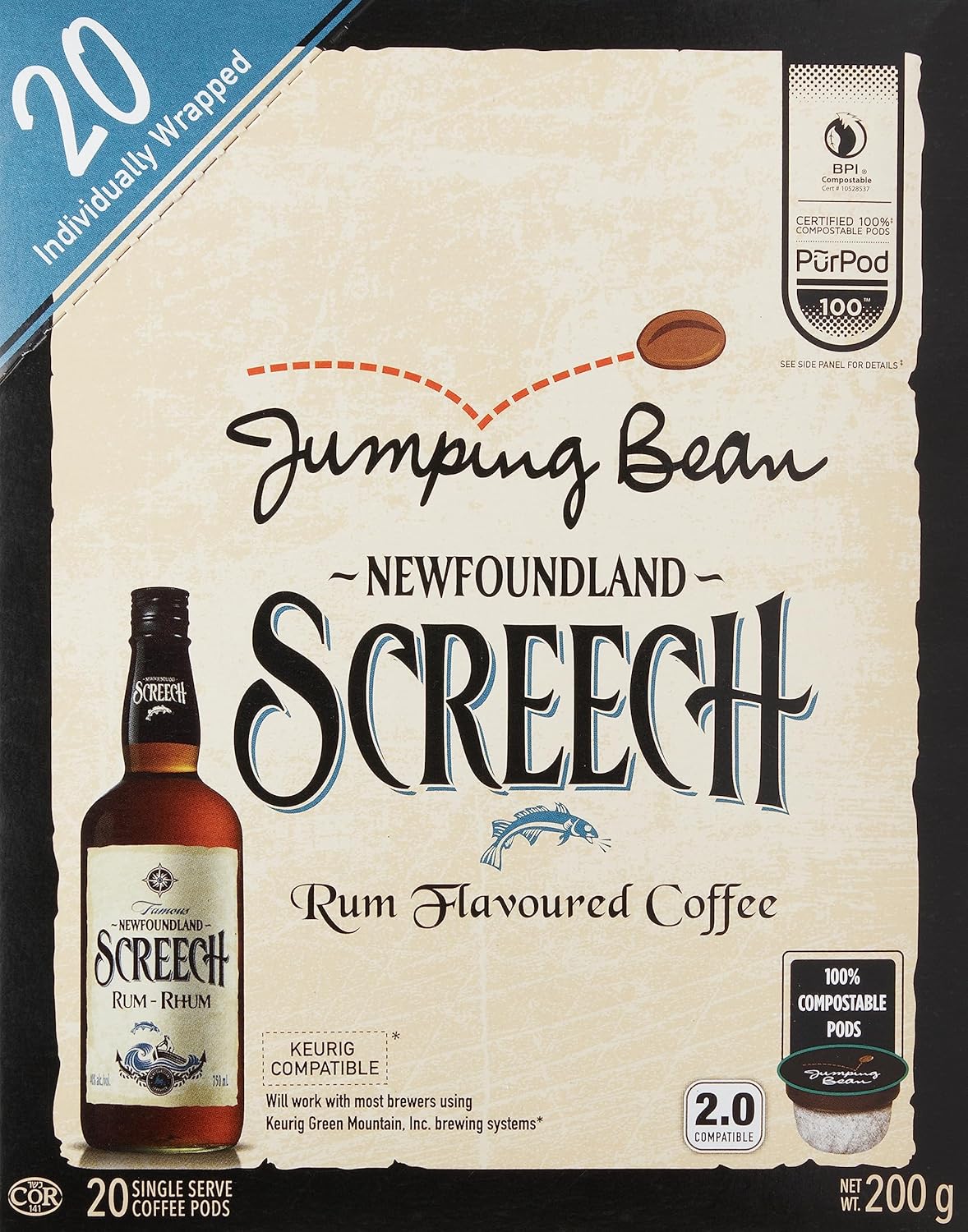 Jumping Bean Newfoundland Screech, Rum Flavoured 100% Compostable Coffee Pods 20ct Individually Wrapped, Imported from Canada