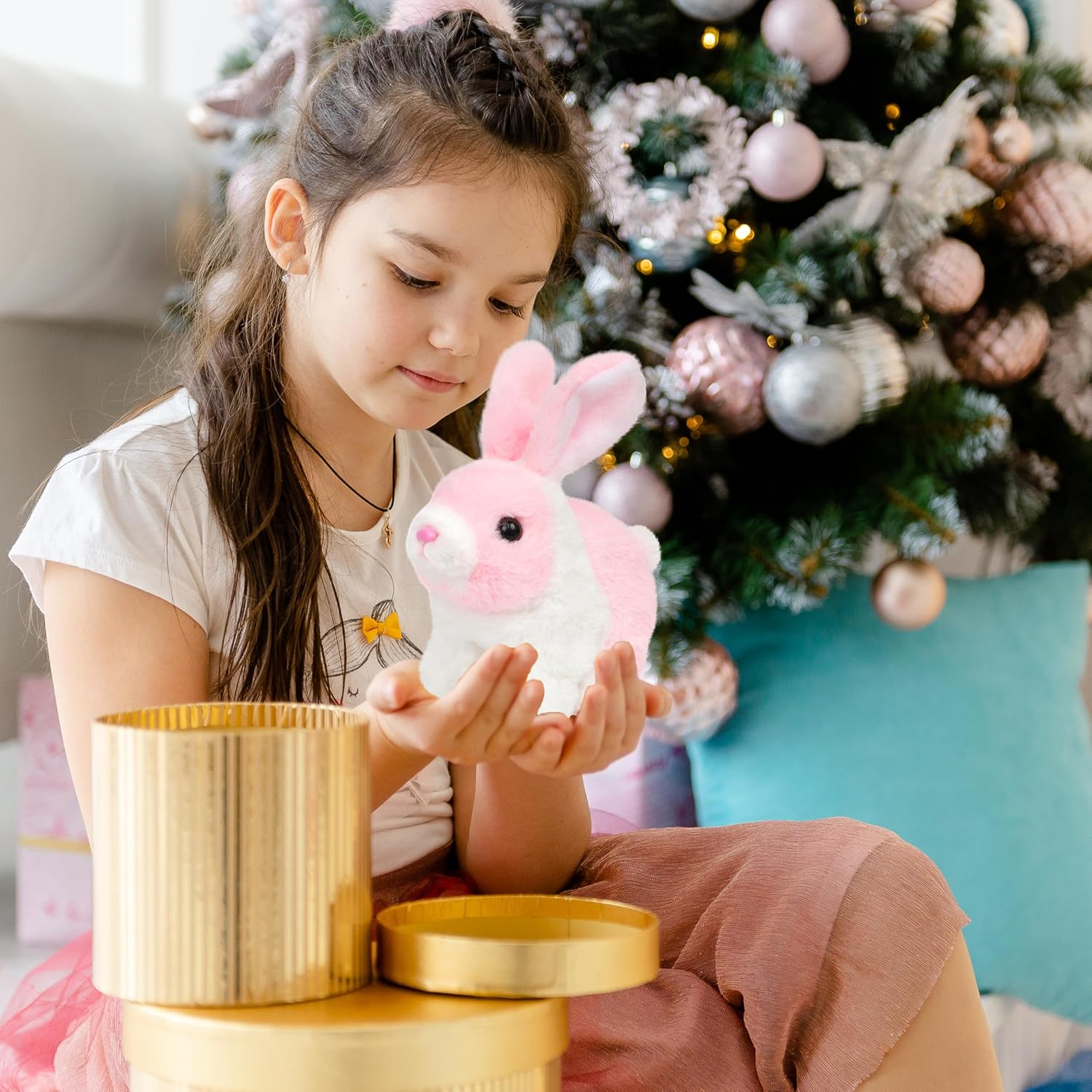 Easfan Walking Rabbit Interactive Electronic Pet Plush Bunny Toy with Sounds and Movements Hoping Rabbit Ears Moving Educational Plush Toy Easter Birthday Gifts for Kids Girls, 7'',White-Pink