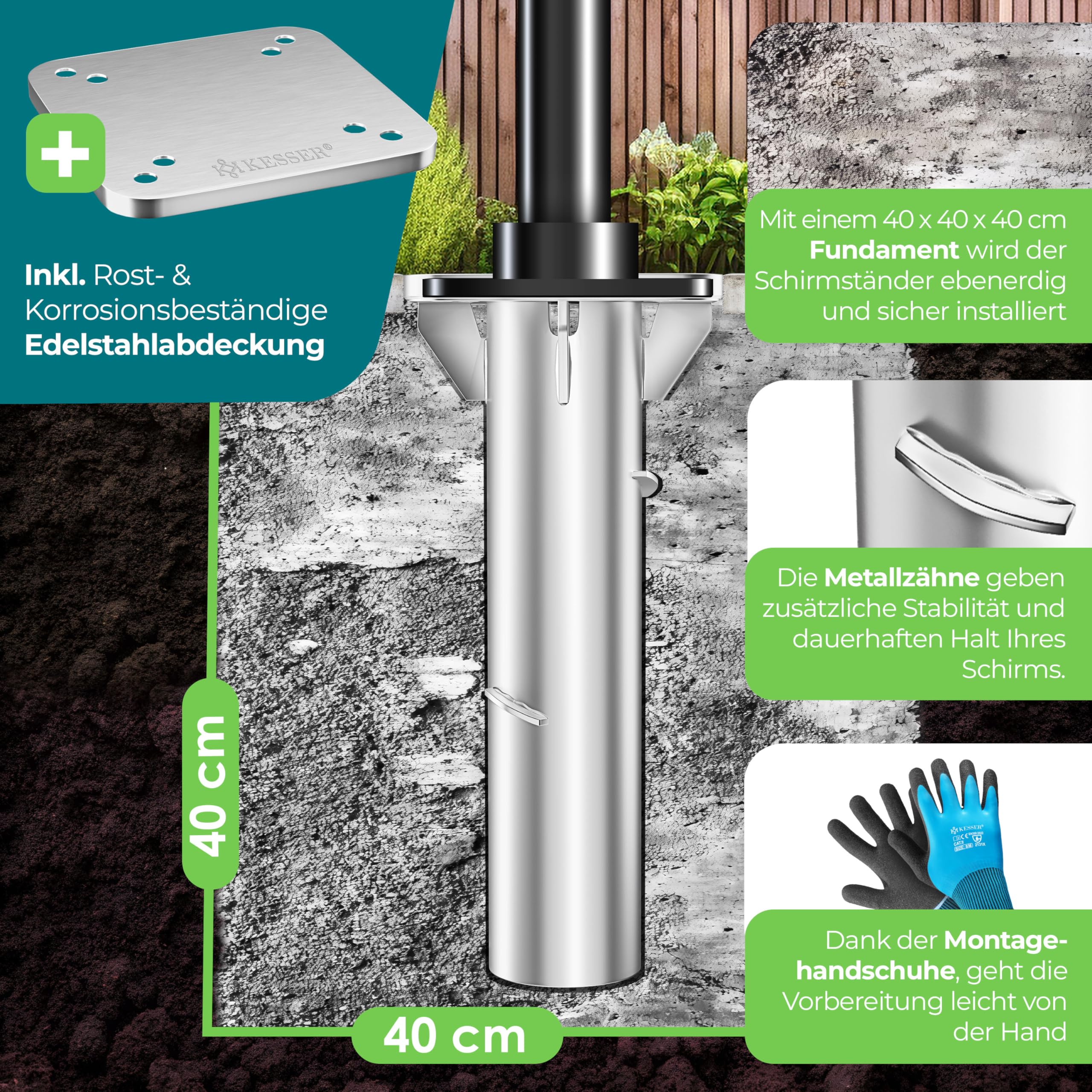 KESSER® Metall Universal-Bodenplatte | Sonnenschirmständer für Sonnenschirm & Ampelschirm | Bodenhülse für Kurbelschirm | Sonnenschirm-Schirm-Ständer | Bodenanker inklusive Handschuhe | Silber