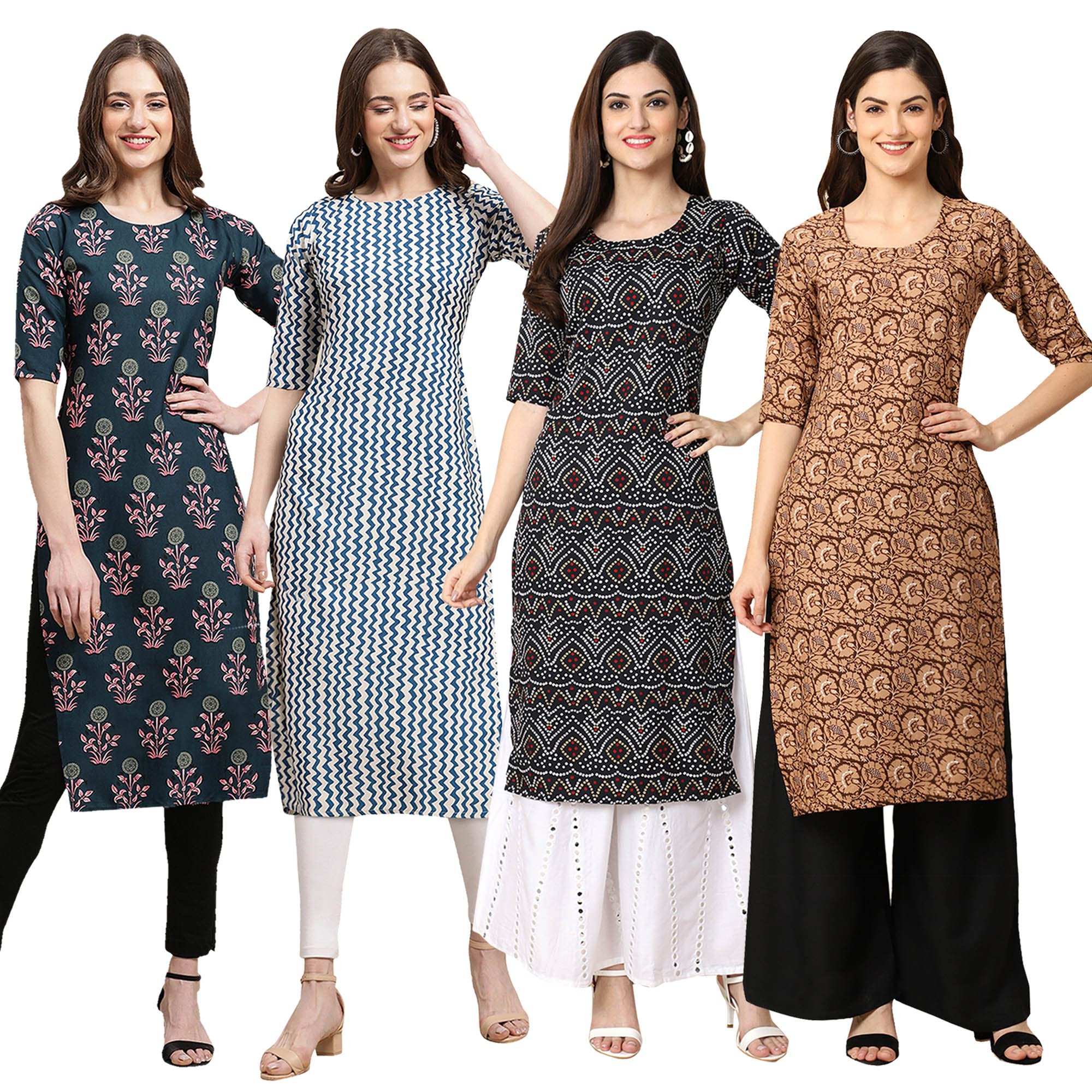 Pinkmint Women's Crepe Digital Print Straight Kurta [Pack Of 4] (Bd-335-331-373-379-S)