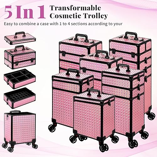 Miniatura 3 de AROUS Estuche de maquillaje rodante 5 en 1, estuche de cosmetología con ruedas, gran organizador cosmético, carro de viaje para estilista, artista,