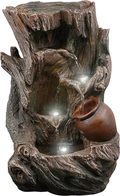 GEEZY Garden Water Feature LED Fountain Indoor/Outdoor Cascading Freestanding Polyresin Garden Statue Lights & Water Decoration (Tree Log Fountain)