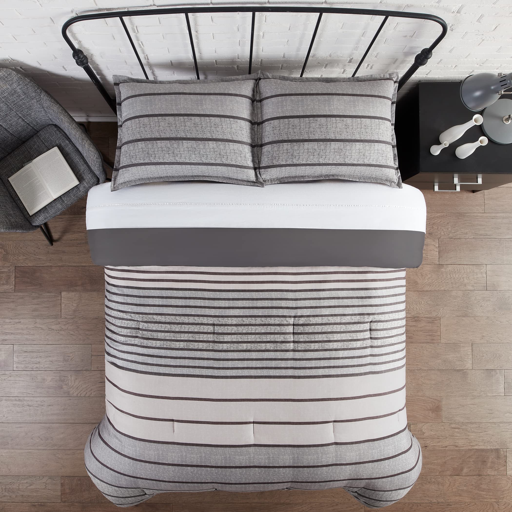 serta simply clean conrad soft modern textured 2 piece striped comforter set with pillow case for all season, twin/twin xl, natural