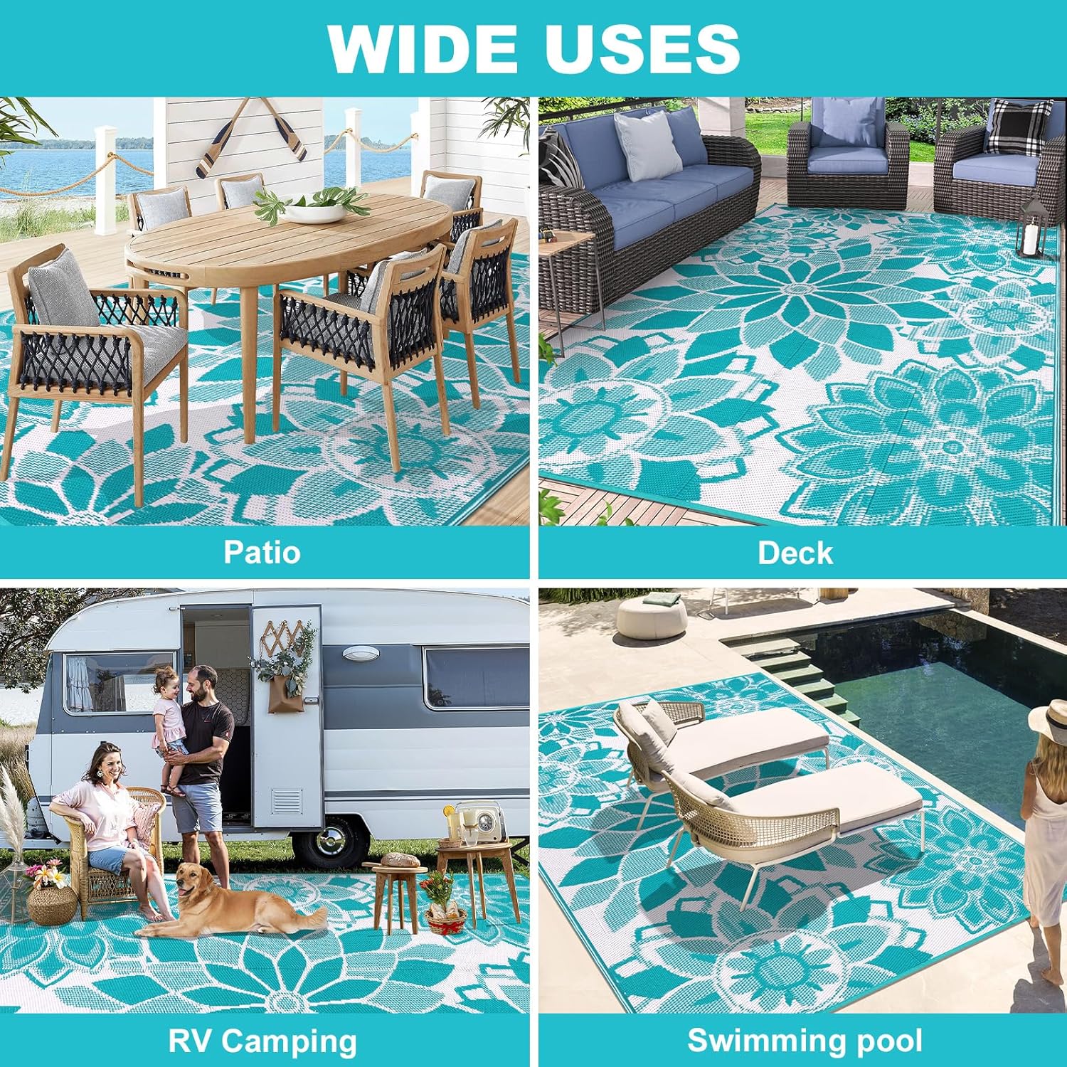 LOKHOM Outdoor Rug for Patio 5x8 ft Reversible Plastic Straw Patio Camping Rug, Floral Waterproof RV Mat for Camper Indoor Outdoor Carpet for Deck Porch Picnic Beach Balcony Backyard, Teal & White