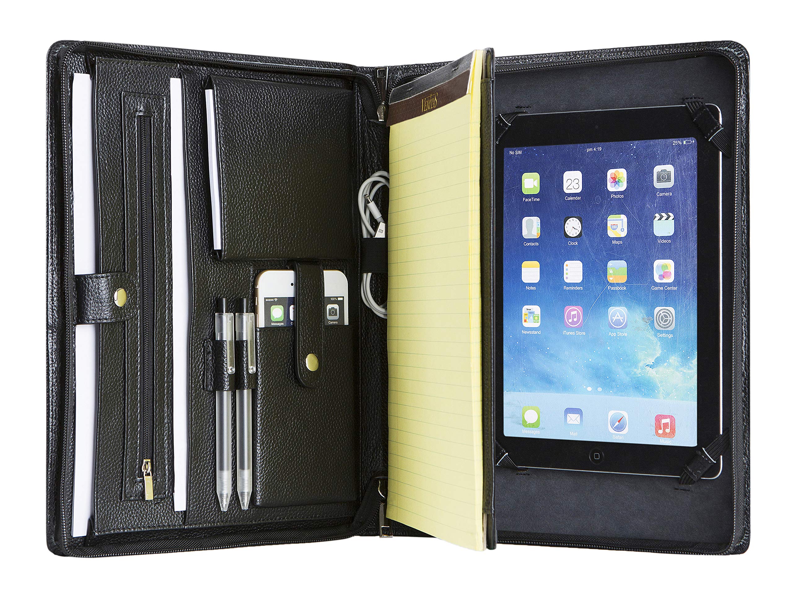 Professional Portfolio for iPad 9.7, Full-Grain Cow Leather Padfolio Case Zippered Business Organizer Interview Meeting Document Holder, with Letter Size Notepad Holder (iPad Pro 9.7, Black)
