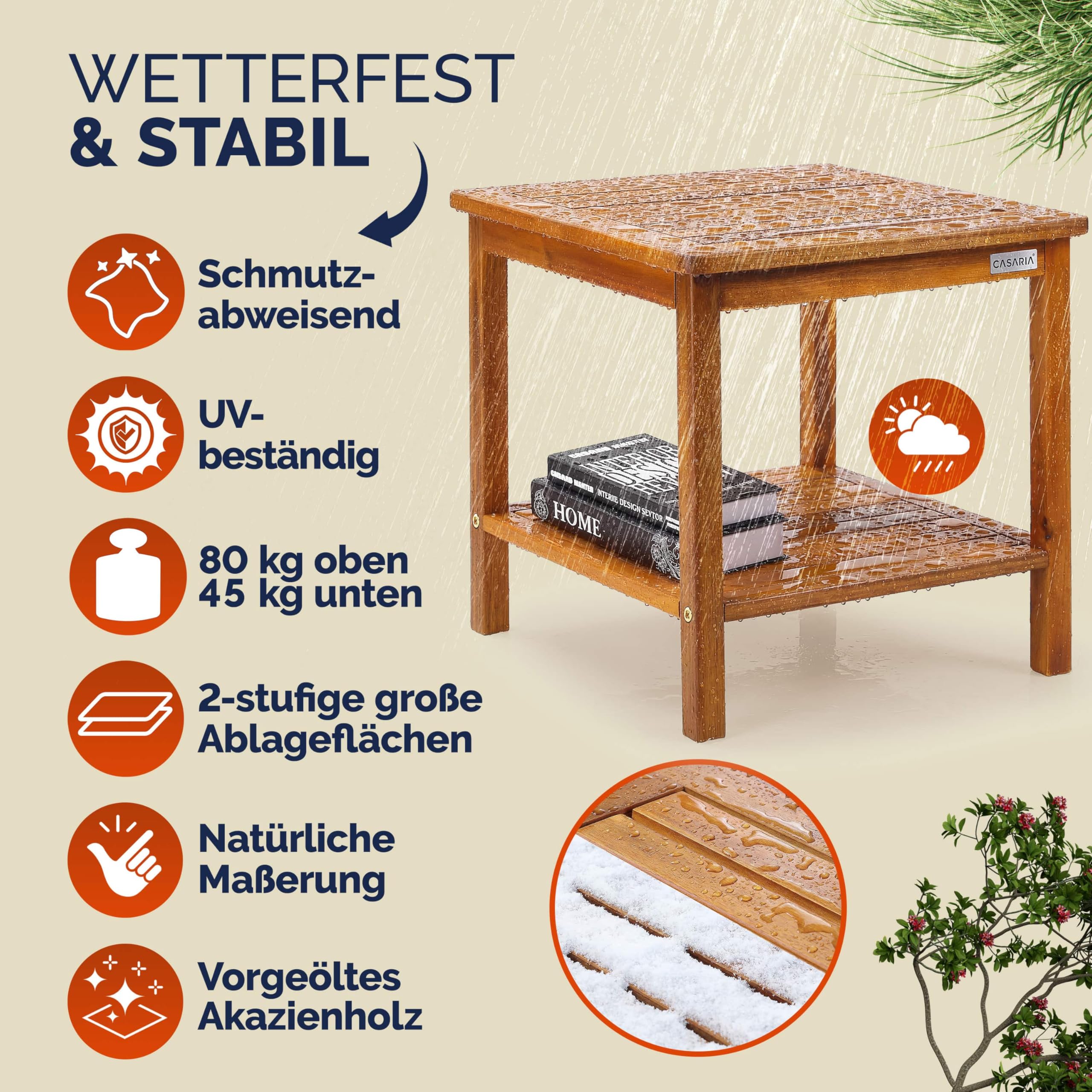 Casaria® Gartentisch Wetterfest Holz 2 Ablageflächen FSC®-Zertifiziert 80kg Belastbarkeit 45x45cm Balkon Garten Tisch Beistelltisch Gartenmöbel Akazie