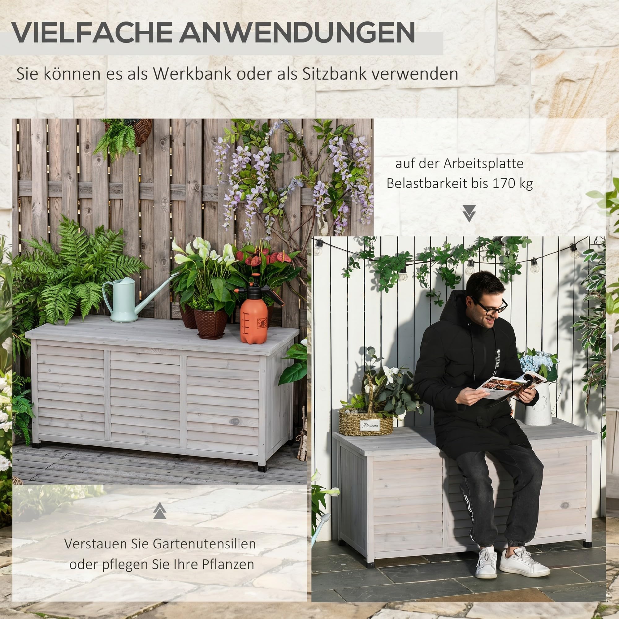 Outsunny Gartenbox Wetterbeständig Gartentruhe 127 x 56 x 60 cm Grau