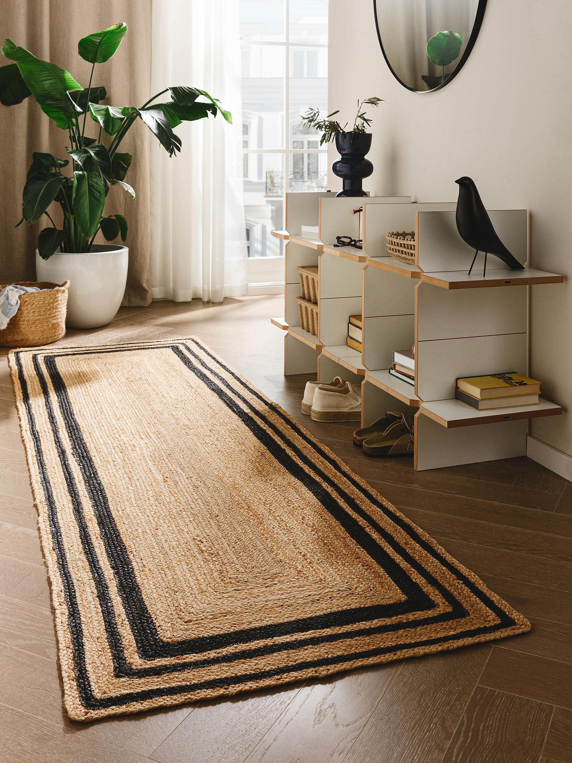 benuta Pure Alfombra Yute Jutta - Negro 80x250 cm - Tejido a Mano para Dormitorio, Sala de Estar y Salon - Diseño Boho - Apta para Suelos radiantes