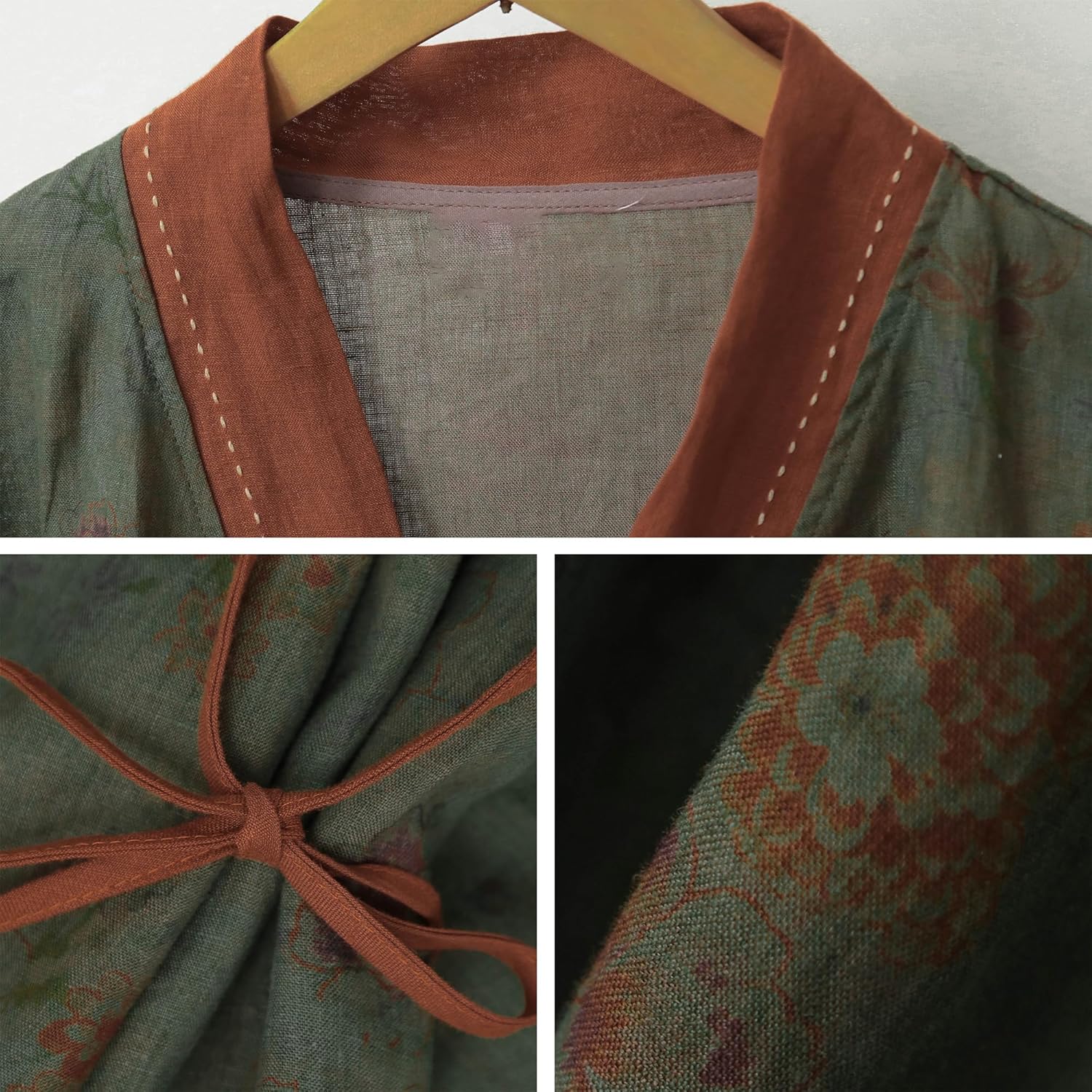 Women's Printed 100% linen Kimono Style Long Sleeve Loose Fit Jacket Cardigan with Tie Belt and Wrap Front Design