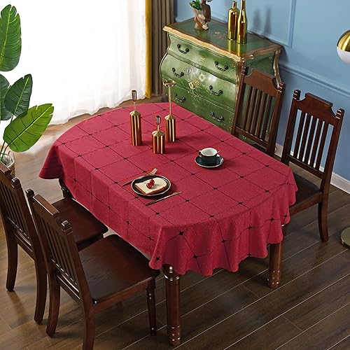 Miniatura 3 de Mantel ovalado de celosía con bordado rústico de tela de lino de algodón a cuadros rojos para cocina, comedor, fiesta, decoración de mesa, 53 x 72