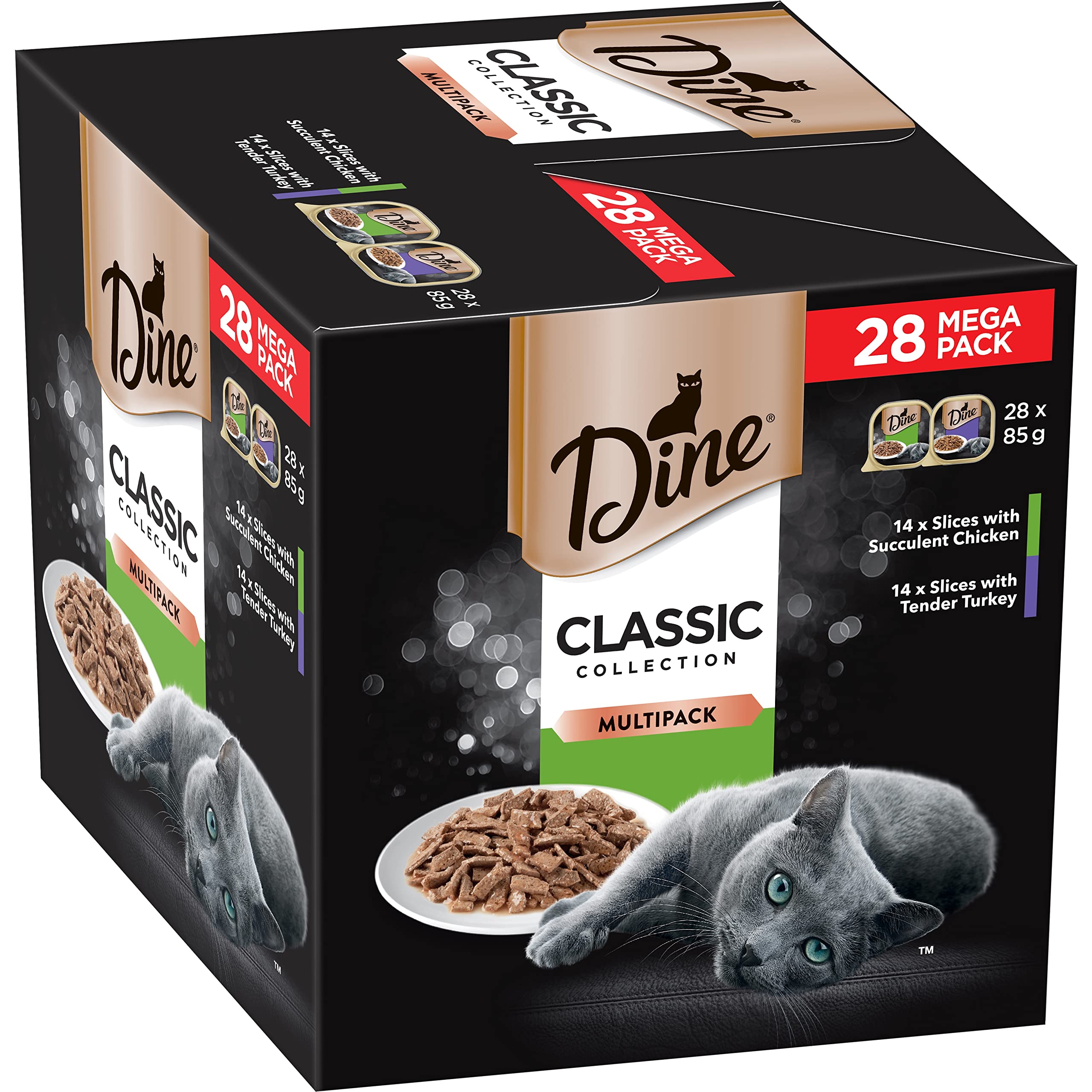 Dine Sliced Mixed Multipack Wet Cat Food, Succulent Chicken, Tender Turkey, 85 g (Pack of 28)