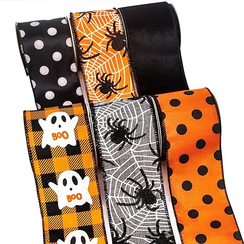 Ribbli Cinta de Halloween con alambre, 6 rollos de cinta de Halloween naranja y negra de 2.5 pulgadas, total de 90 pies (30 yardas), fantasma,