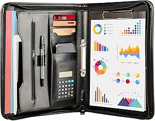 Zippered Conference Folder Business Padfolio by Tassia - A4 Portfolio Folder with Zipper - PU Leather 2-Ring Binder with Clipboard, Gusseted Storage Pocket, and Document Holder Case