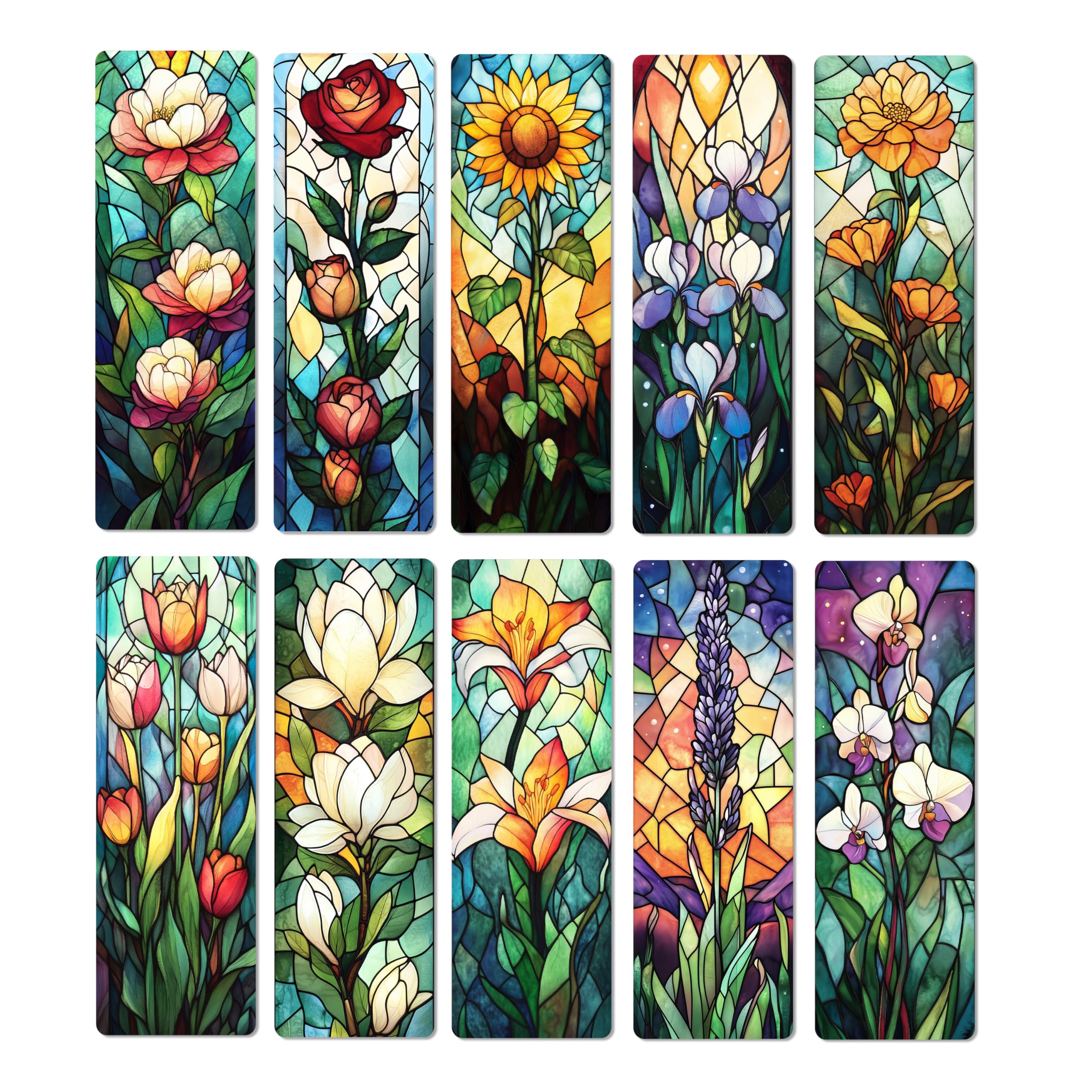 TwoDays 10Pcs Stained Glass Art Flower Bookmark for Reading Women, Cute Floral Bookish Gifts for Book Lovers Booktok, Fancy Book Accessories (6'' X 2'