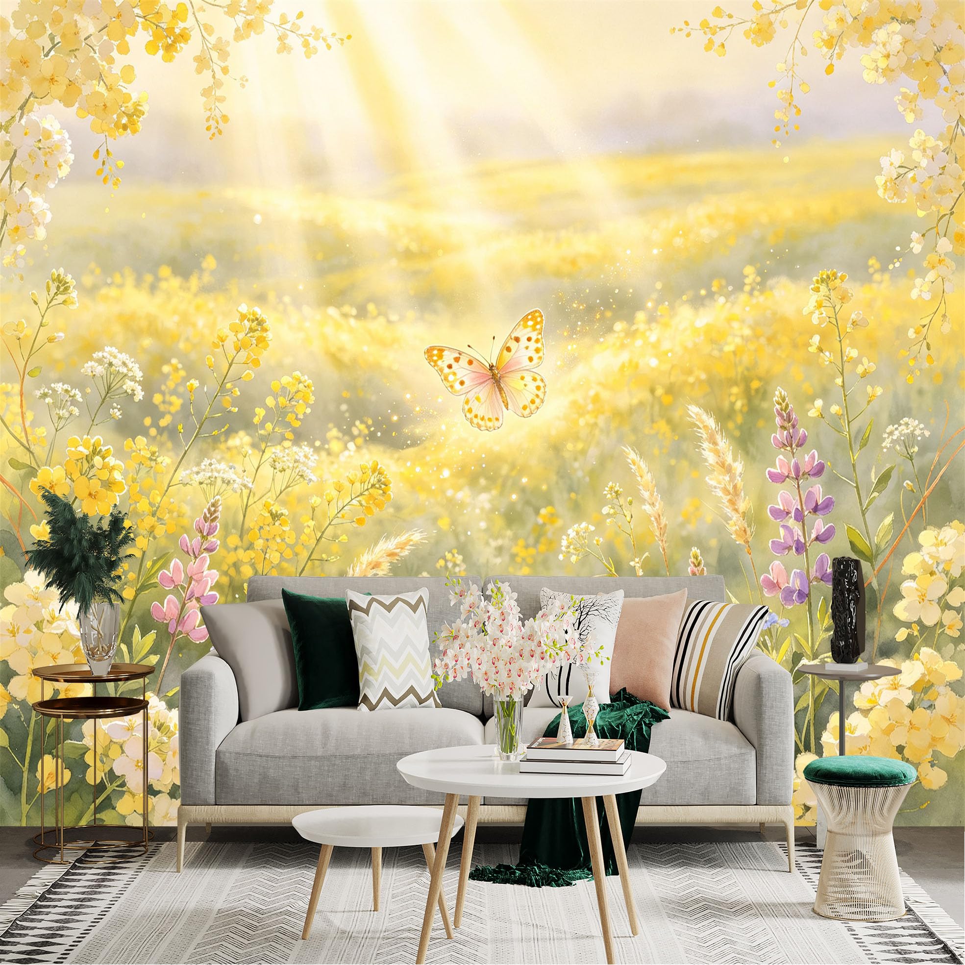 Lnzczhyre Bh260719042 Custom Size Wall Sticker Mural， Sunlit Yellow Wildflower Meadow With Flying Butterfly， Springtime Floral Landscape， For Wall Decoration， Peelandstick Wall Decals.