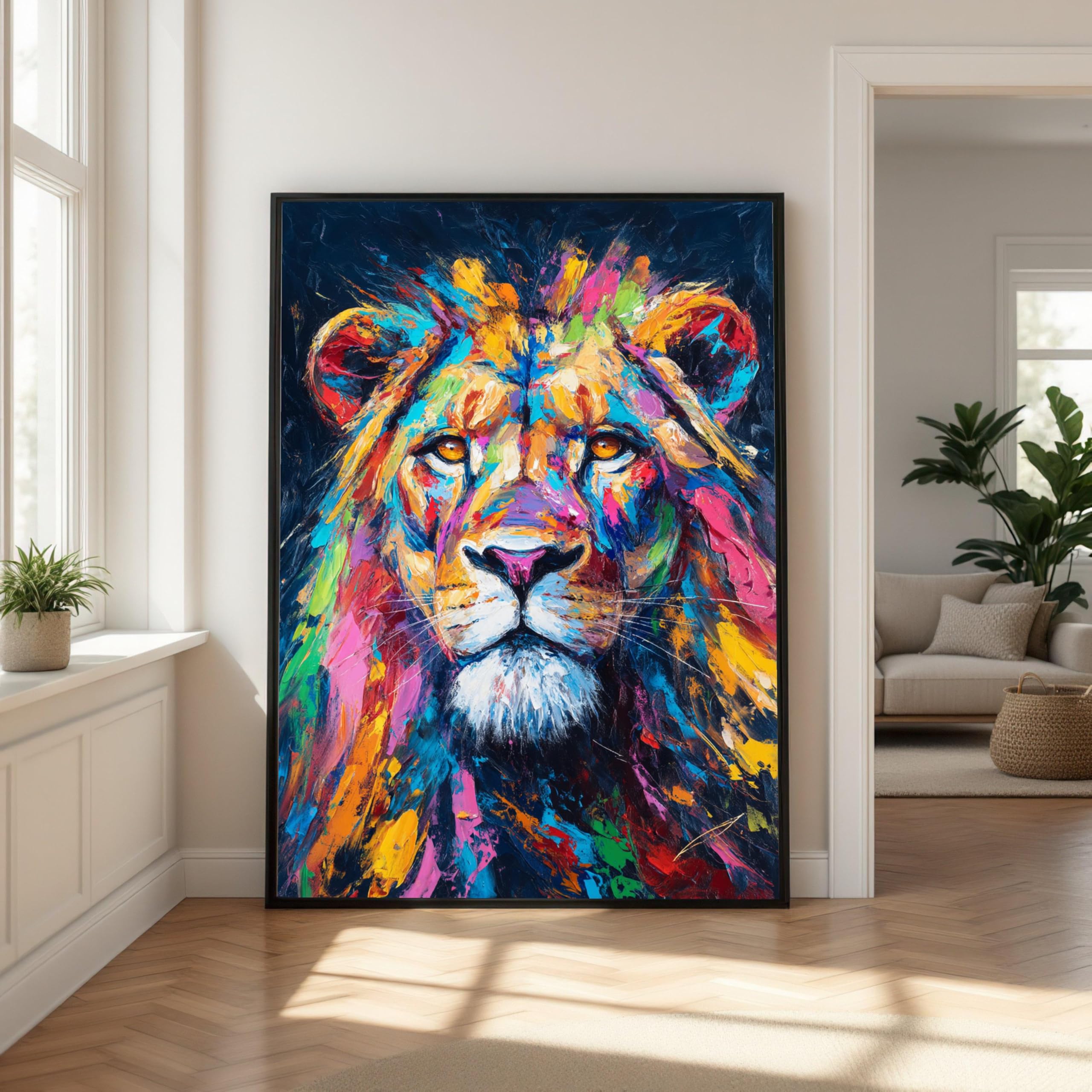 TONGYINLI Colorful Lion Portrait Oil Painting, Abstract Animal Wall Art, Wildlife Posters and Prints, Ready to Hang Home Decor(80x120cm/Frameless)