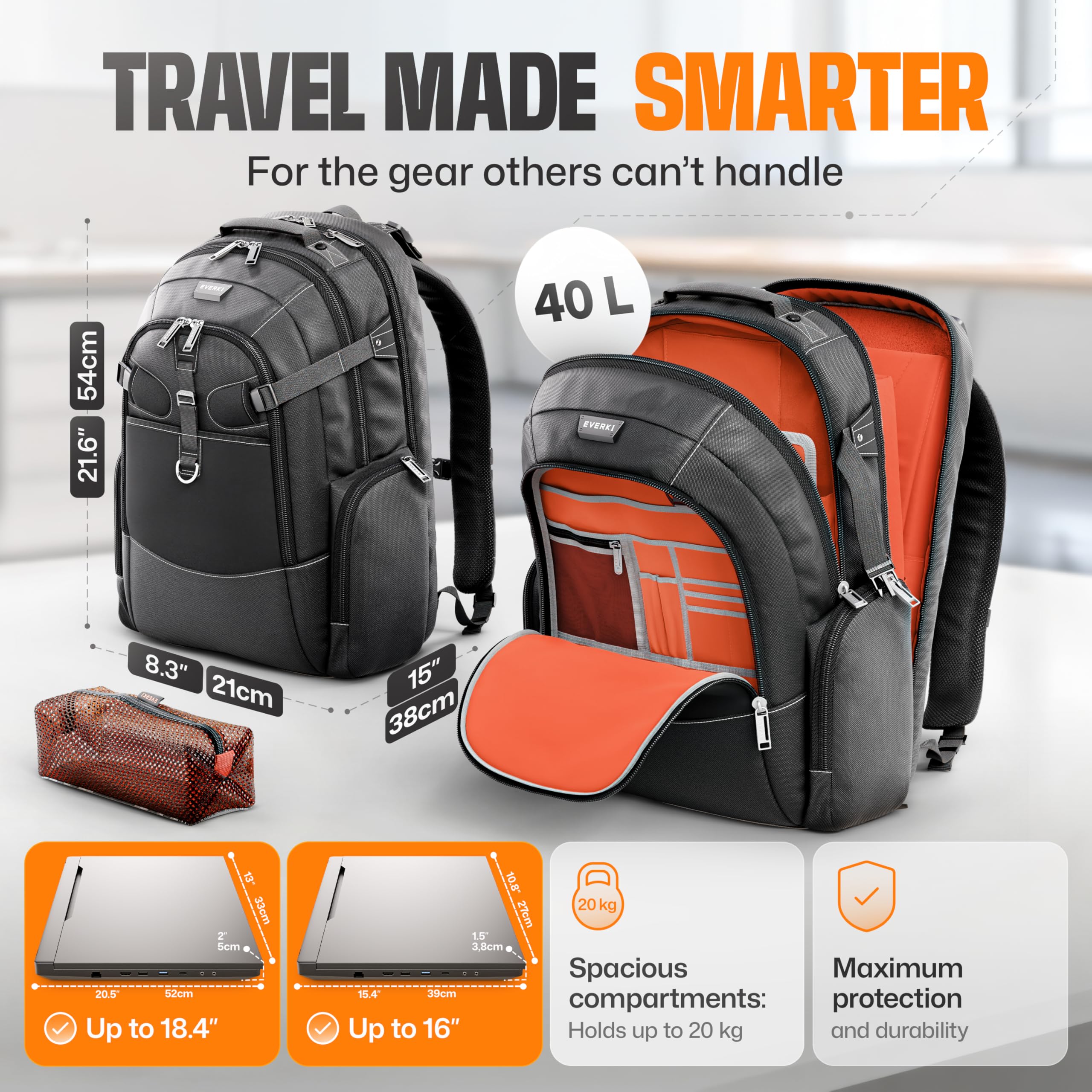 Everki Business 120 PRO Zaino per Laptop 40L con Copertura Antipioggia e Custodia in Rete – per Viaggi, Ufficio e Lavoro – per 2 Laptop fino a 18,4" e 16"