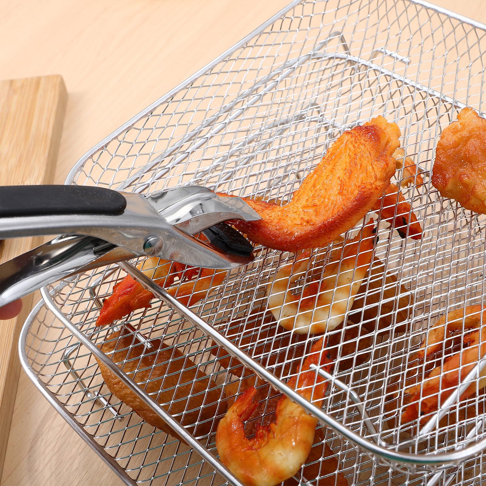 Didiseaon Rejillas Apilables para Freidora de Aire 3 Piezas de Acero Inoxidable Cuadradas Deshidratadoras con Pinzas Torre de Rejillas para Alimentos Accesorio para Freidoras de Aire