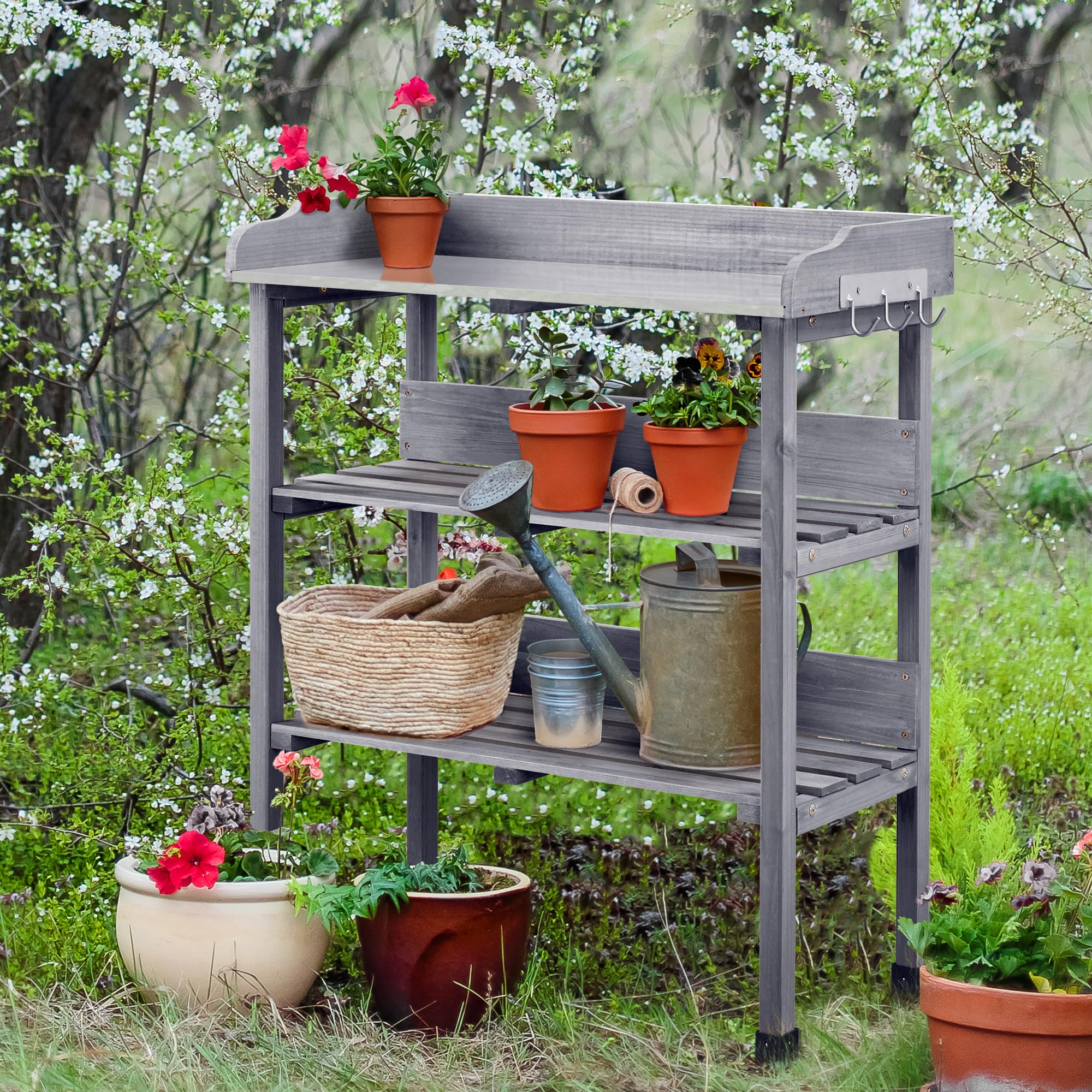 Yaheetech Tavolo da Giardino per Piante in Legno con Gancio Spazioso Banco da Lavoro con Piano in Metallo per Giardinaggio 77 x 37 x 90 cm Grigio