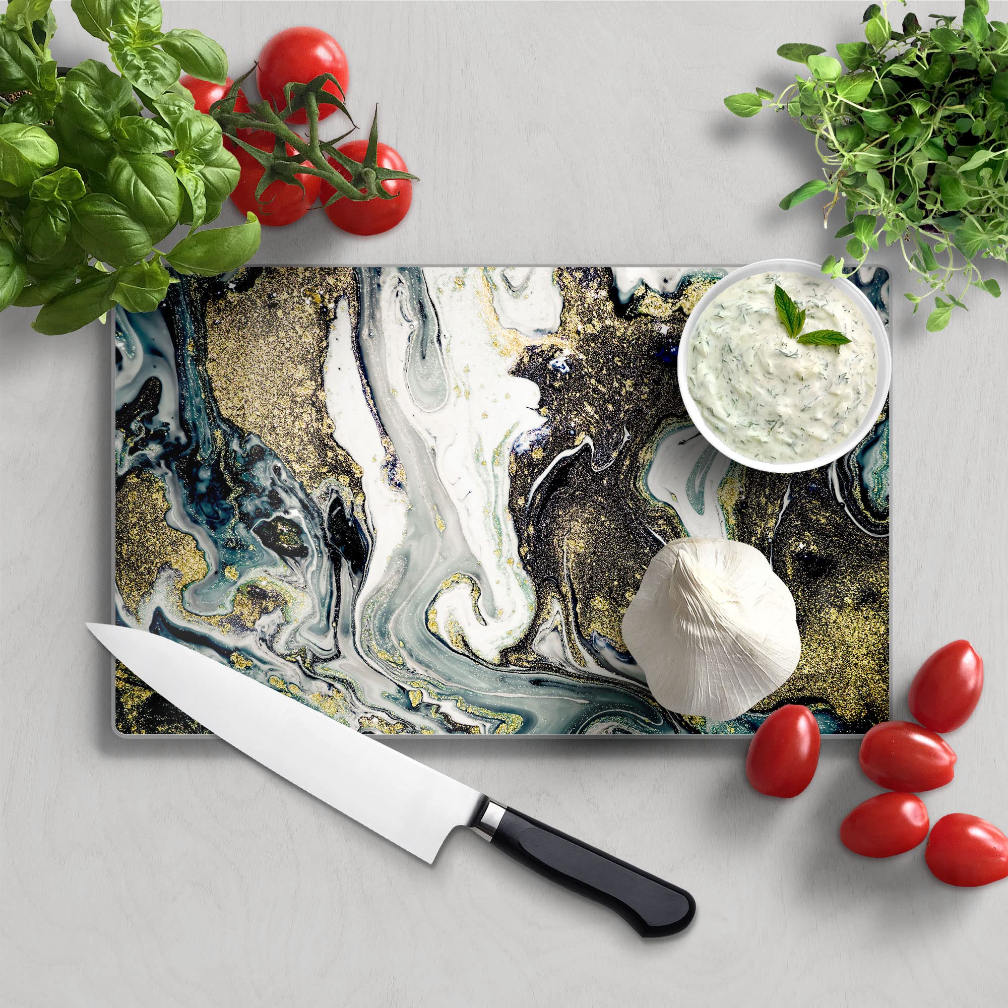 DEQORI Planche à Petit-Déjeuner En Verre | 23 X 14 Cm | Motif « Effet Marbre Liquide » | Planche à Découper Design Pour La Cuisine | Antibactérienne Et Antidérapante