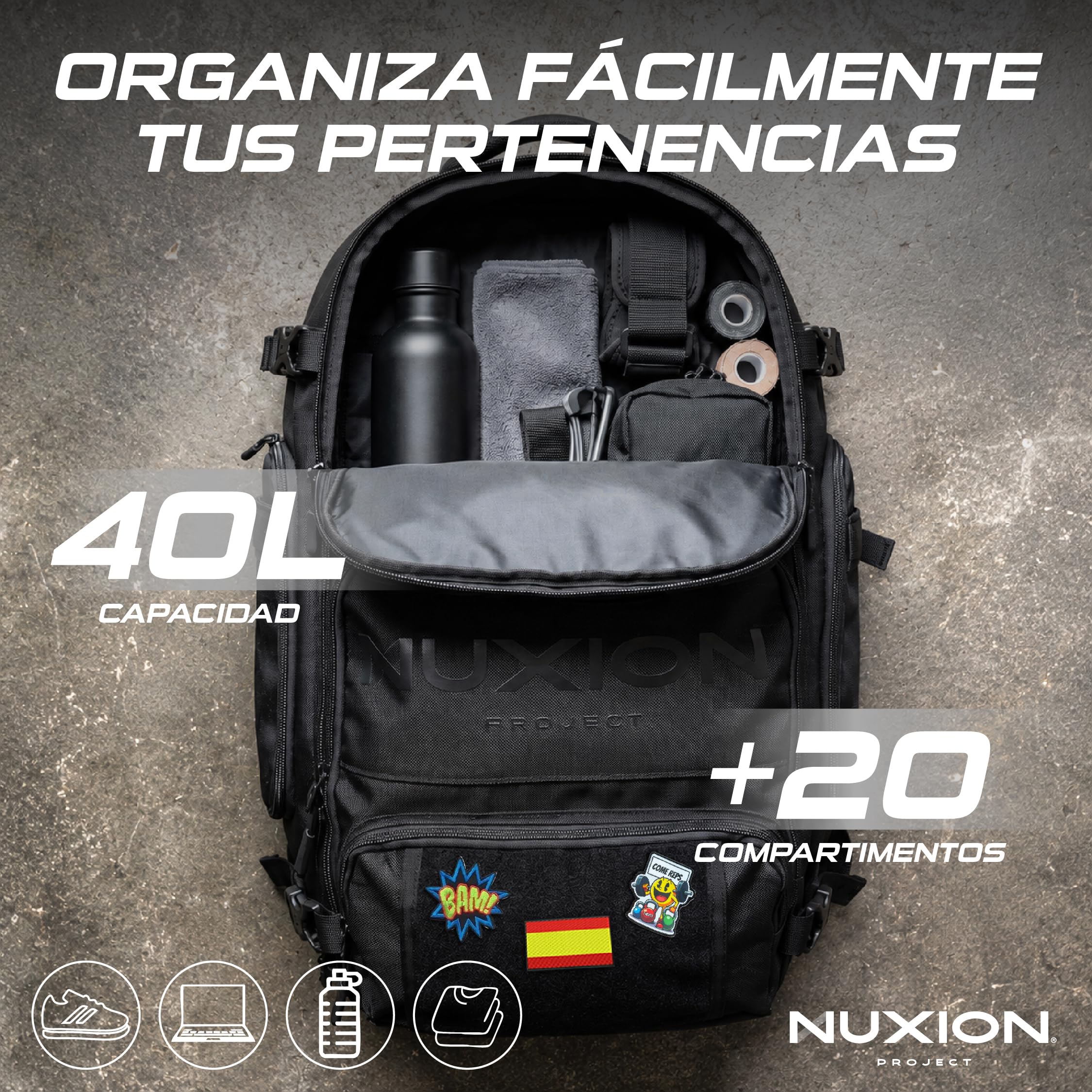 NUXION | Mochila Táctica 40L Impermeable con Zapatillero | Crossfit, Hyrox y Senderismo | Sistema MOLLE, +20 Compartimentos y Portátil 15,6" | Mochila Deportiva Unisex