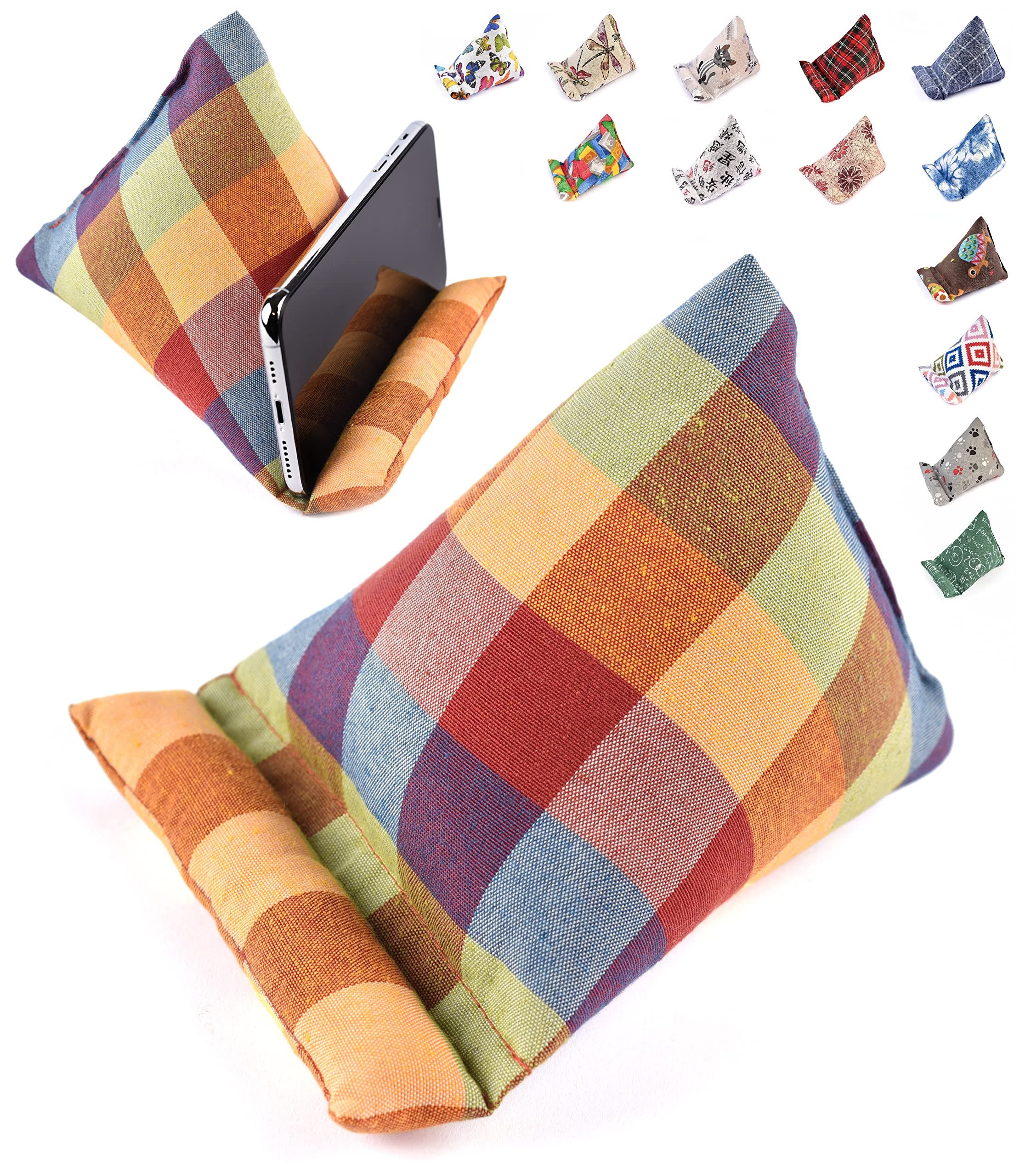 Handmade Phone Pillow Holder - The Wedge Mobile Device Stand - Fabric Phone Stand for All iPhones, All Smartphones! 7 x 6.1 x 5.5 Inches (Multicolor Plaid)