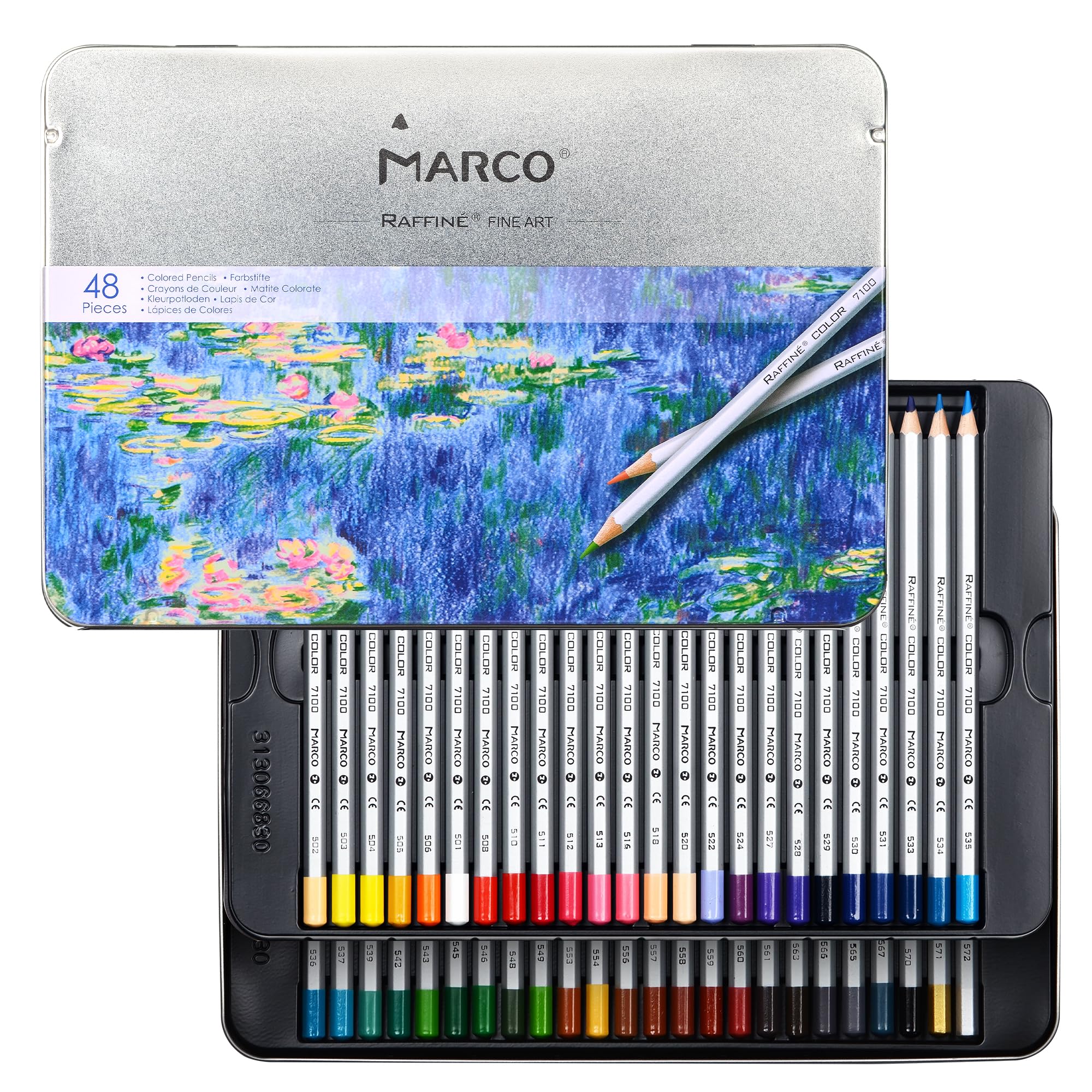 MARCO 48 Farben Buntstifte - Sechskantige Holzstifte mit Pinsel - Set für Anfänger - In einer eisernen Schachtel verpackt, leicht tragbar (D7100-48TN)