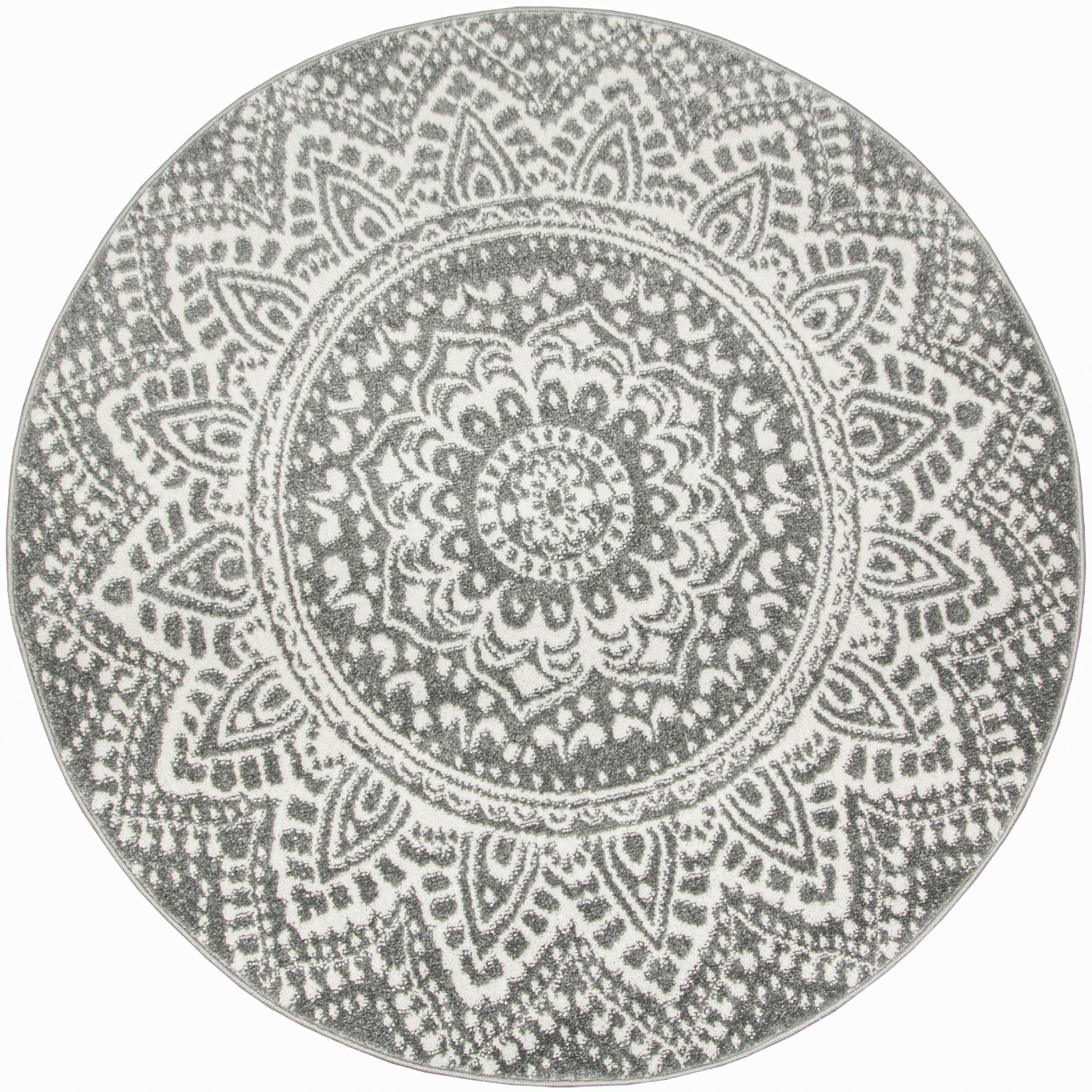 Teppich Runder Muster Mandala Boho 140cm Weiß Grau, moderne Teppiche Wohnzimmer kurzflor, Teppiche Area Gegend, Tepich Schlafzimmer,Bedroom Rug