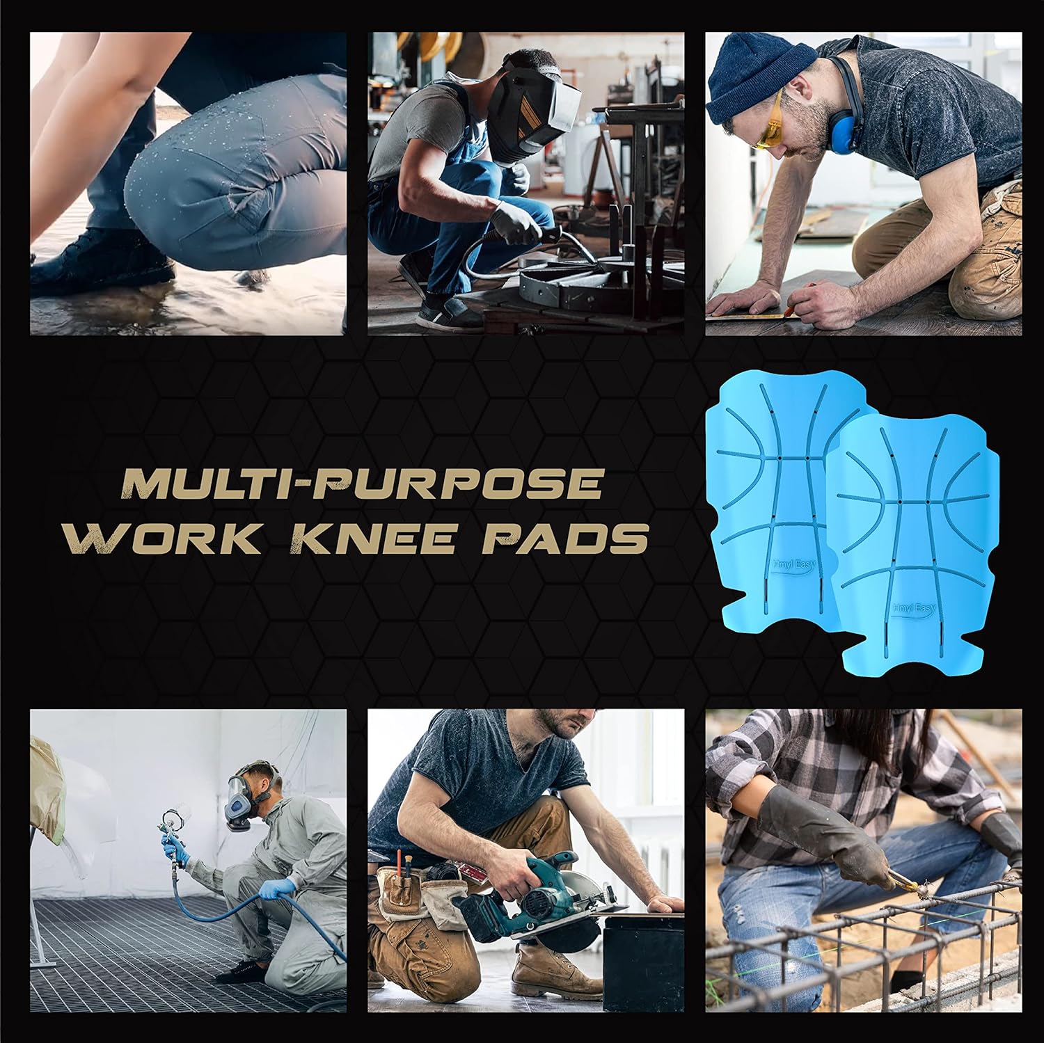 Breathable No Strap Knee Pad Insert for Work Pants/Bibs, Uniforms, and Tactical Pants, Heavy Duty Pocket Knee Pads for Construction, Flooring, Gardening, and Garage, 11.5''×7.9''×0.45'', Blue 3 Pairs
