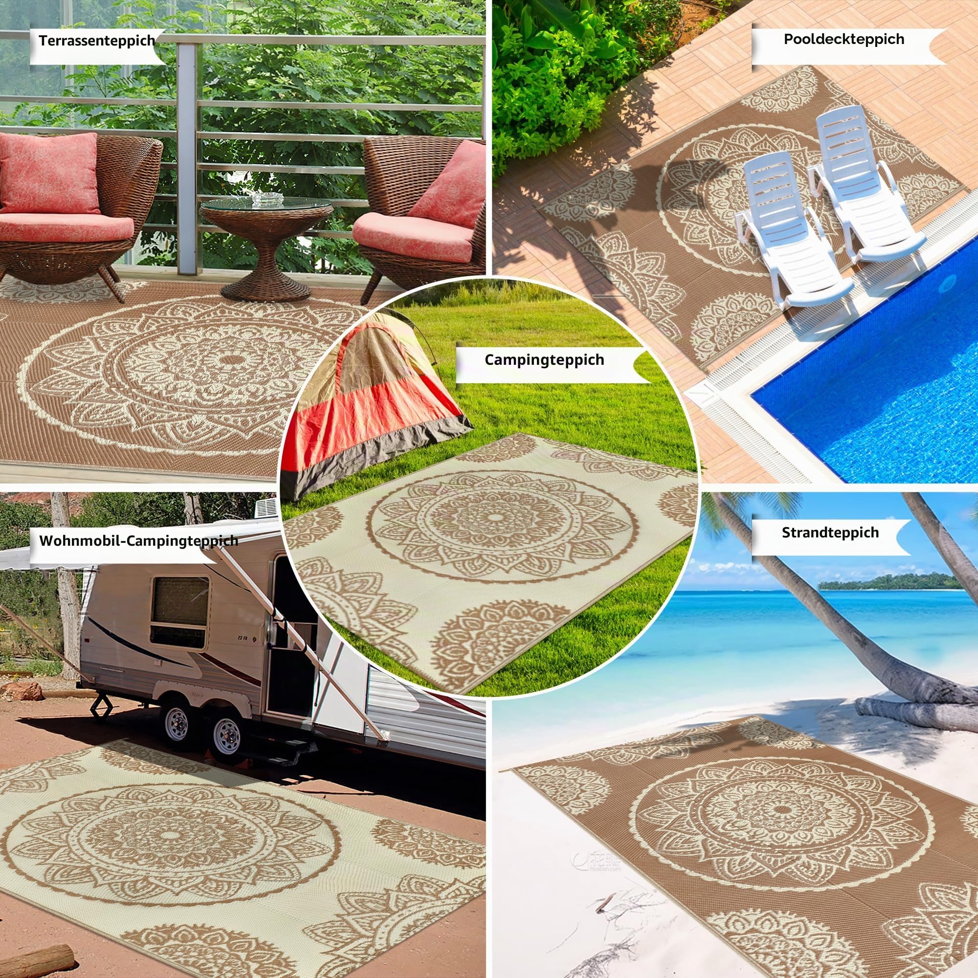 Famibay Outdoor Teppich Wetterfest 150x245cm Reversible Camping Teppich Outdoor Wasserfest Beige Braun Kunststoff Wendbar Leicht Outdoorteppich für Terrasse Garten Balkon Camping Innen Außen