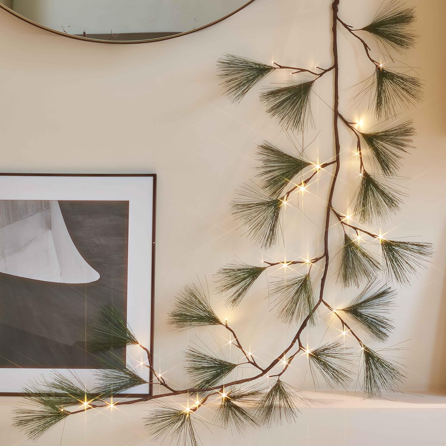 Hairui Lighted Christmas Pine Garland 6FT with Timer, Garland with Lights USB Powered and Battery Operated for Home Fireplace Table Christmas Decoration