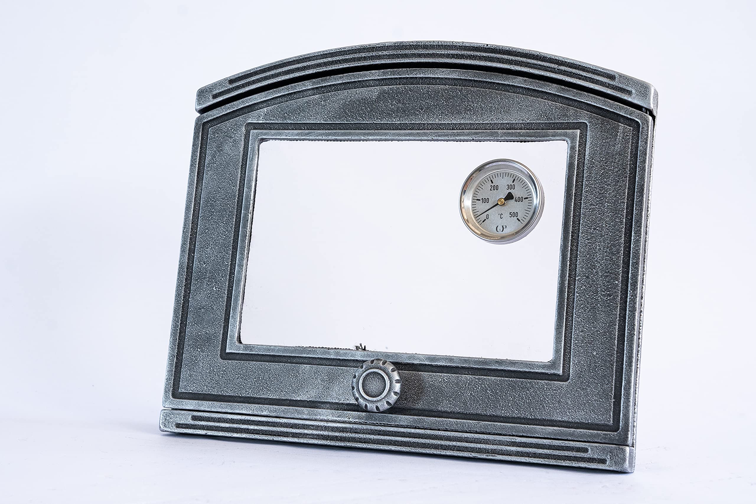 SEZAM cast iron oven door with thermometer 500 °C, heat-resistant glass pane, opens to the right, pizza oven door - bread oven - stone oven door, 37 x 6 x 31.5 cm - semicircular, antique silver