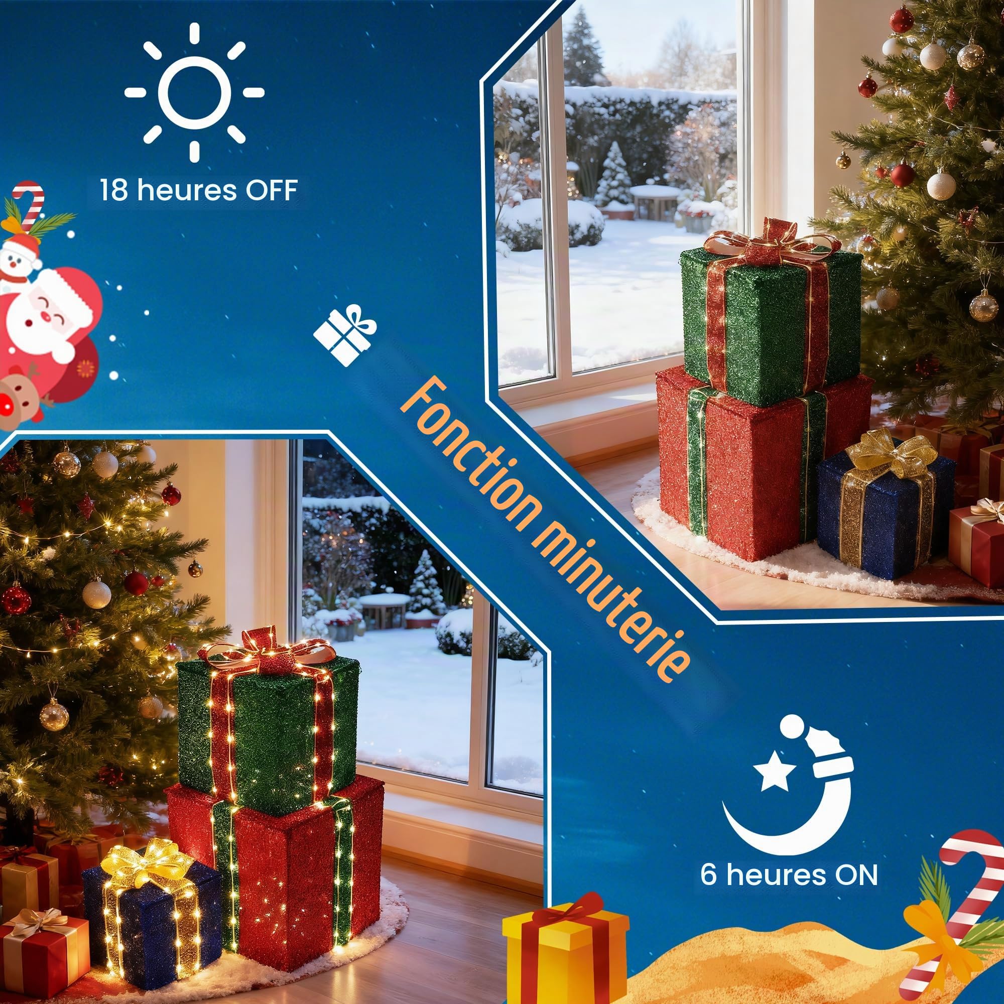 iBaycon Coffrets Cadeaux Lumineux De Noël,Blanc Chaud 160 LED Lot De 3 | Led Coffrets Cadeaux Avec Minuterie Prise de Courant,Décorations De Noël ,Éclairage d'Extérieur Jardin Pelouse Cour
