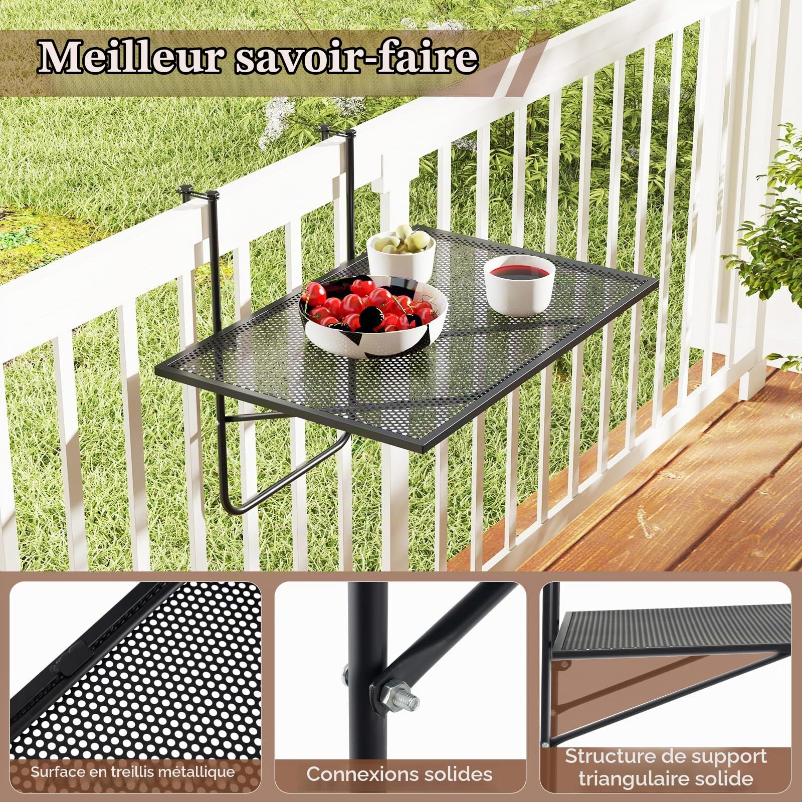 KOMFOTTEU Table Balcon Suspendue Pliable, Hauteur Fixe, Charge 23kg