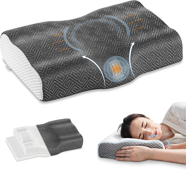 Elviros Cervical Memory Foam Pillow for Sleeping, Adjustable Orthopedic Contour Neck Support Pillows for Pain Relief, Ergonomic Bed Pillow for Back, Side, Stomach Sleepers (Dark Grey)