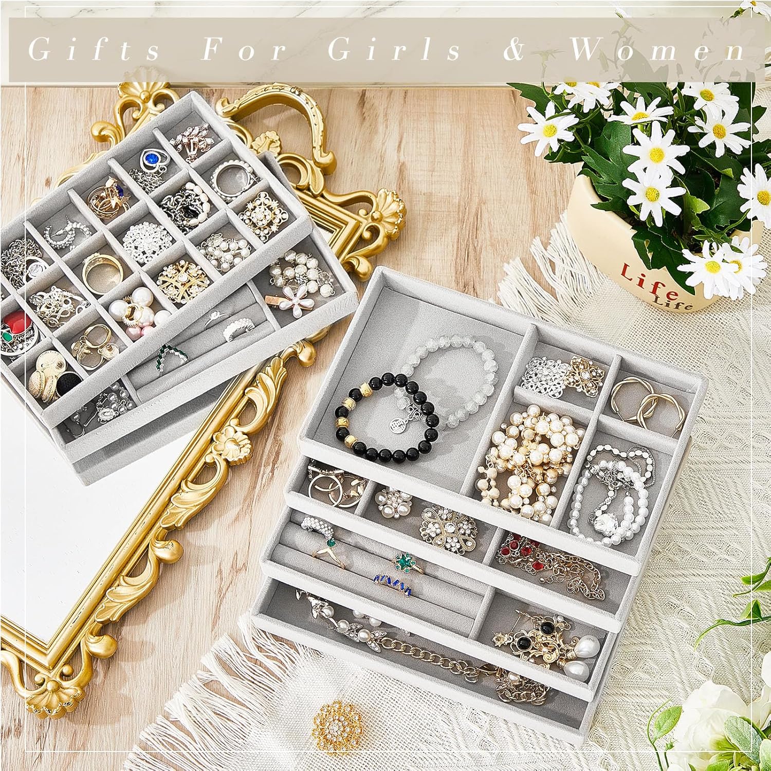 Junkin 18 Pcs Velvet Jewelry Tray Stackable Jewelry Drawer Organizer Jewellery Box Divided Display Tray for Earring Bangle(Gray) - Image 7