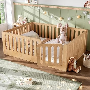 KEIKI Queen Size Wood Montessori Floor Bed Frame with Door, for Girls and Boys, Modern Style Low-Profile Design Floor Bed with High Fence, Easy Assembly, No Box Spring Required, for Bedroom, Natural