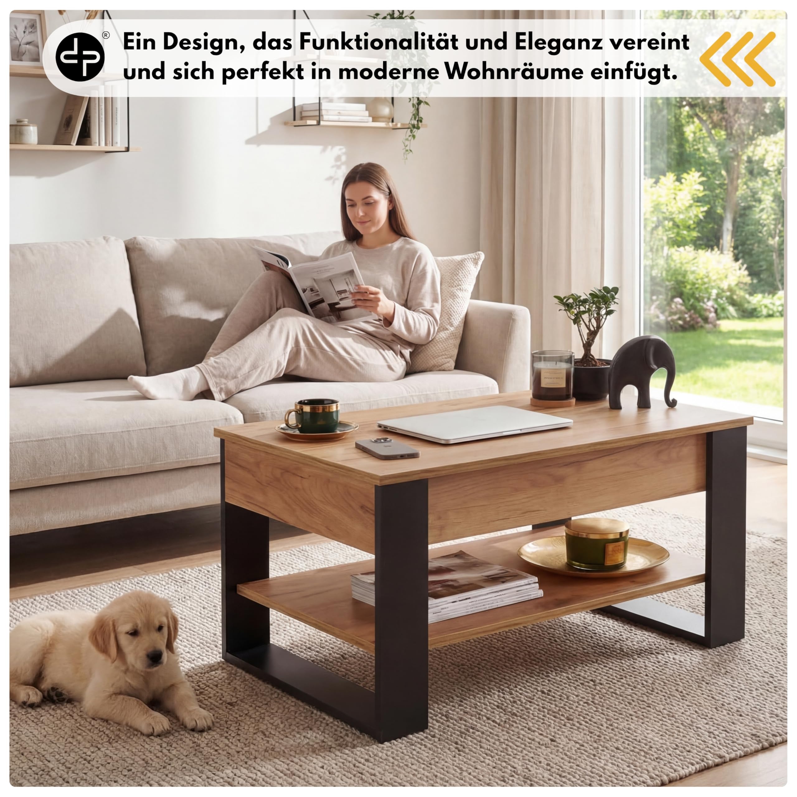 defiPad Couchtisch Höhenverstellbar mit Stauraum, Wohnzimmertisch Eiche-Schwarz mit hochziehbarer Tischplatte, verstecktem Fach und Ablage, 92 x 51 cm
