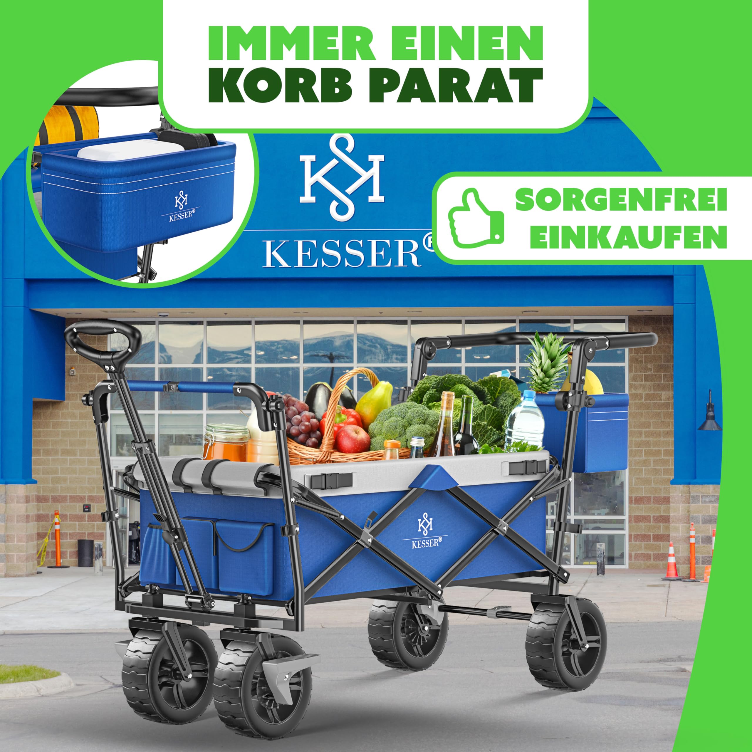 KESSER® Bollerwagen faltbar GT9000 Handwagen mit Dach | Transportwagen max. belastbar bis 150kg mit Hartgummi-Räder & Feststellbremsen (Vorne & Hinten) | Inkl. Schloss, Abdeckung & Sichtschutz