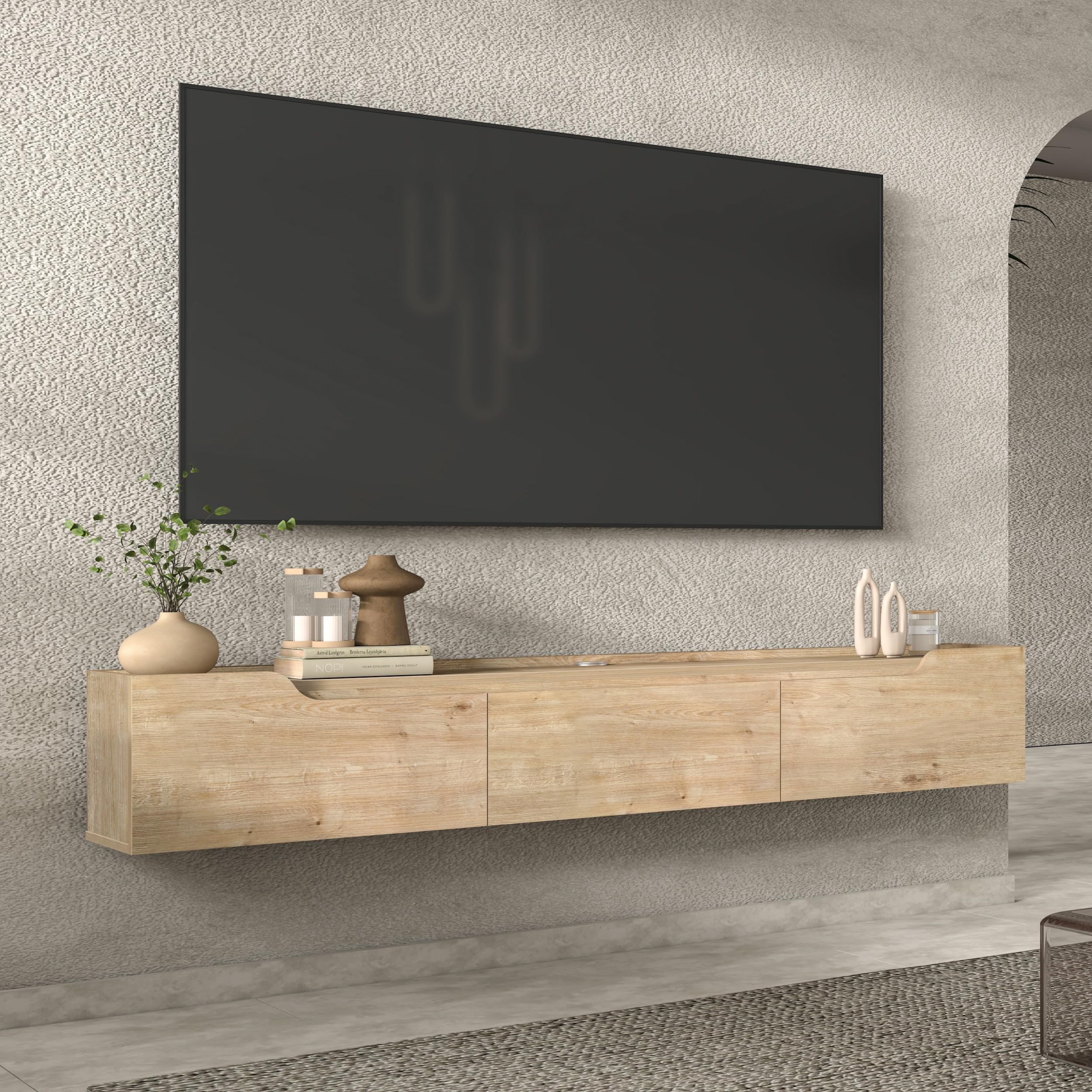 Photo 1 of ***STOCK PHOTO FOR REFERENCE ONLY***Atelier Mobili Floating TV Stand for Up to 80 Inch TVs – Wall Mounted Entertainment Center with Storage – Modern Floating Media Console with Cable Management – Oak/White Finishes (Oak)
