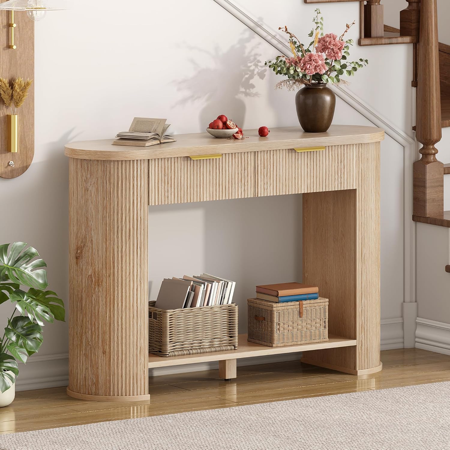 YITAHOME 47.2" Farmhouse Console Table for Entryway, Entry Hallway Foyer Table with 2 Drawers and Storage Shelf, Large Sofa Behind Couch Fluted Oval Desk for Hallway Living Room, Oak Color