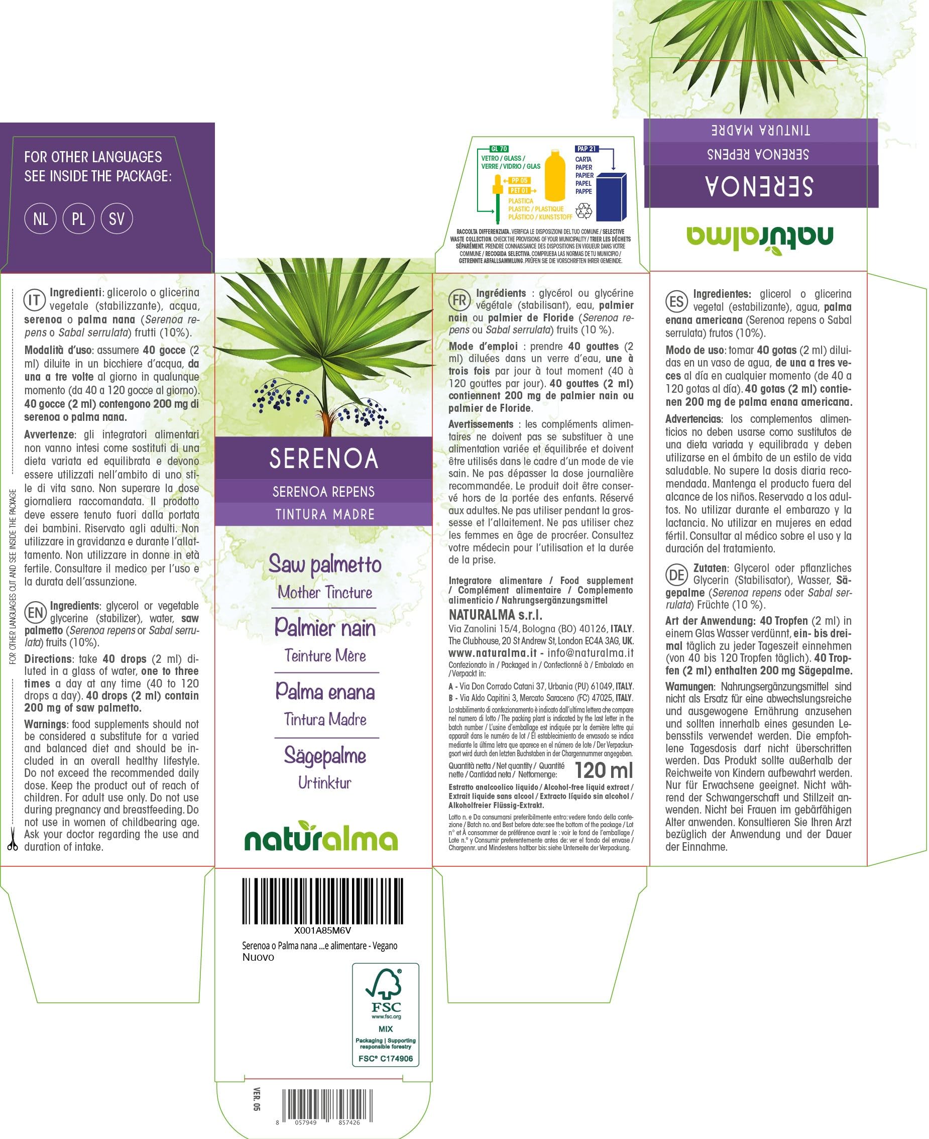 Serenoa o Palma nana (Serenoa repens o Sabal serrulata) frutti Tintura Madre analcoolica Naturalma - Estratto liquido gocce 120 ml - Integratore alimentare - Vegano
